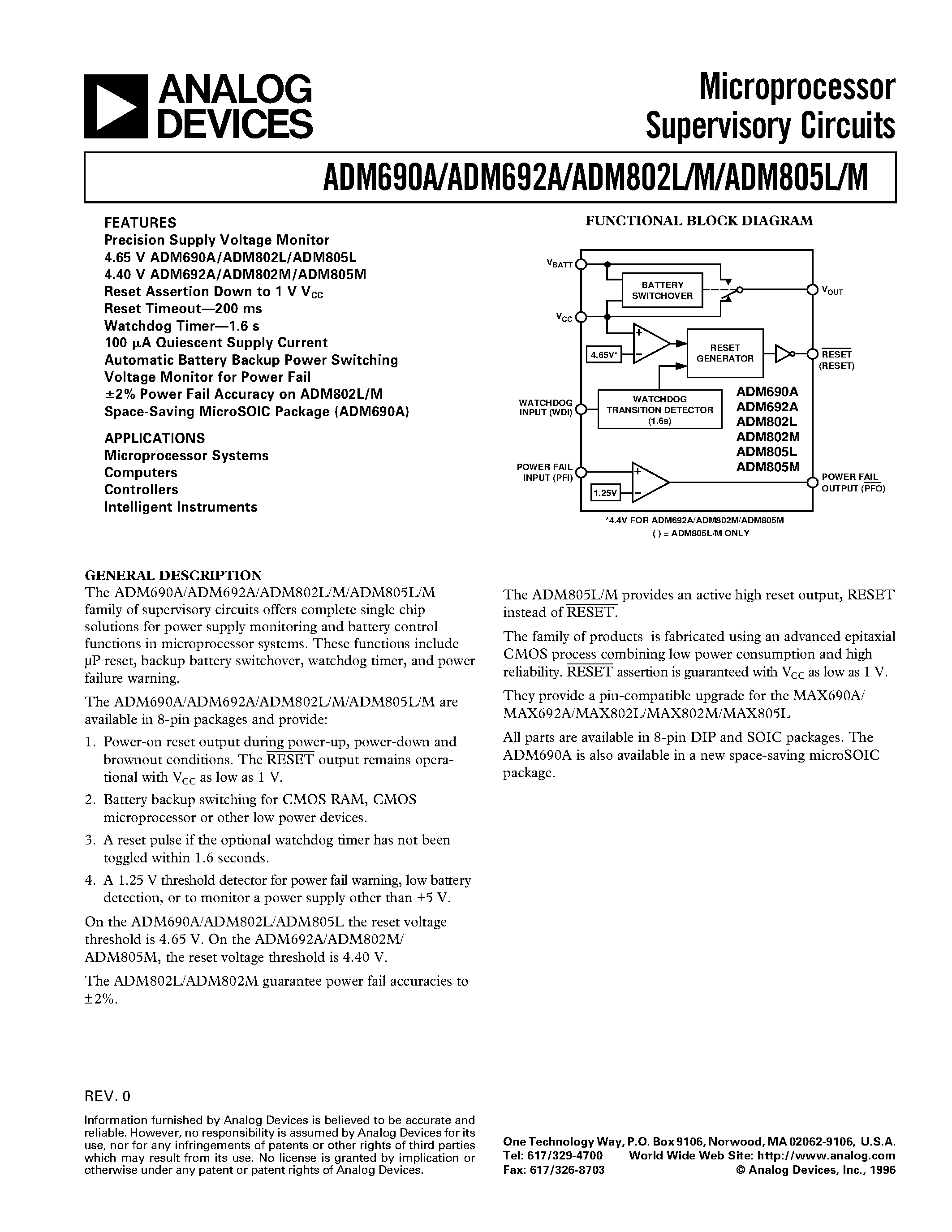 Datasheet ADM802LARN - Microprocessor Supervisory Circuits page 1