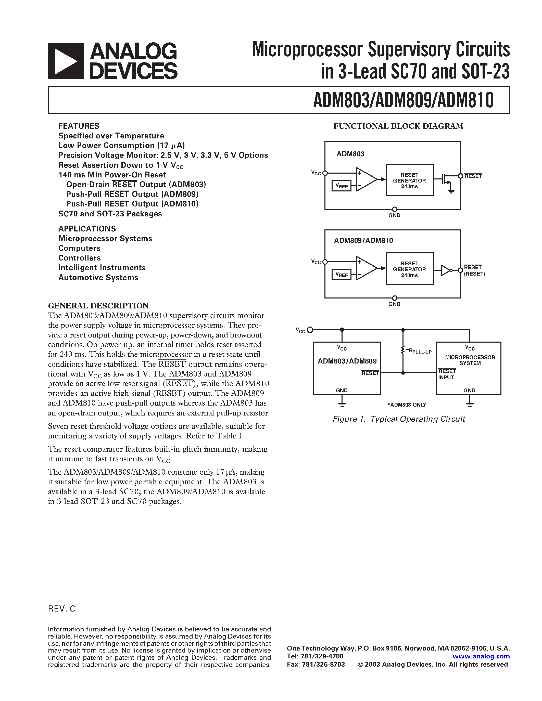 Datasheet ADM803LAKS-REEL - Microprocessor Supervisory Circuits in 3-Lead SC70 and SOT-23 page 1