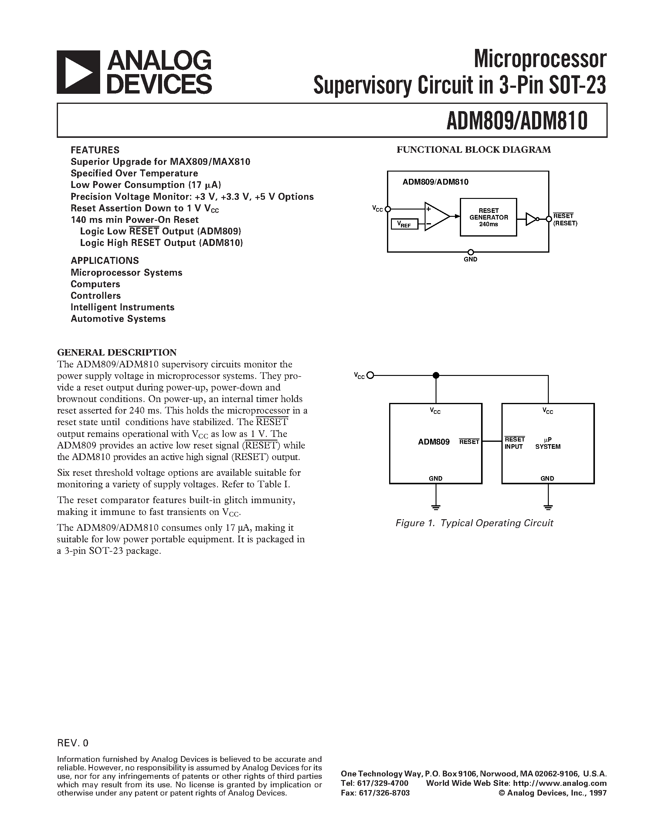 Datasheet ADM809 - Microprocessor Supervisory Circuits in 3-Lead SC70 and SOT-23 page 1