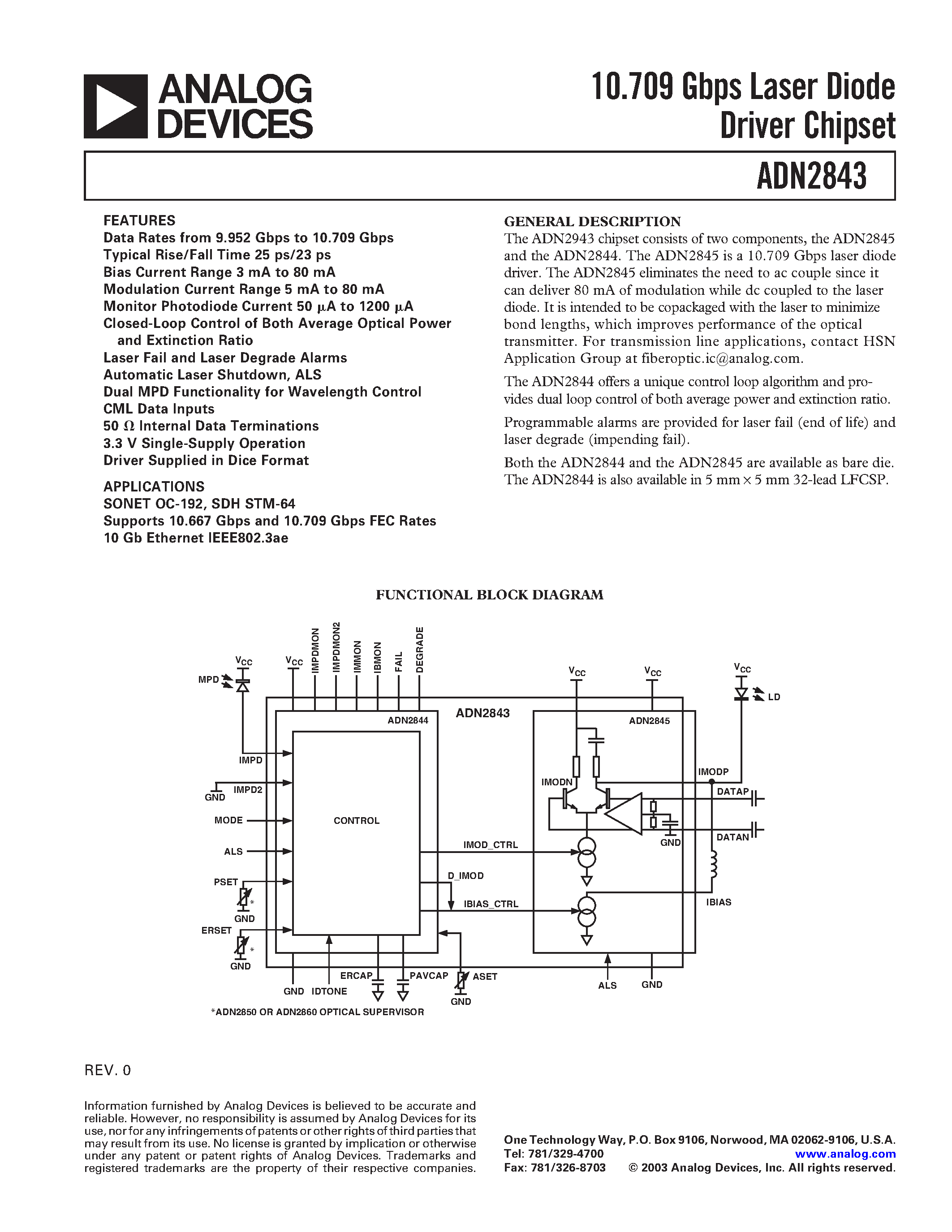 Datasheet ADN2843CHIPSET-B - 10.709 Gbps Laser Diode Driver Chipset page 1