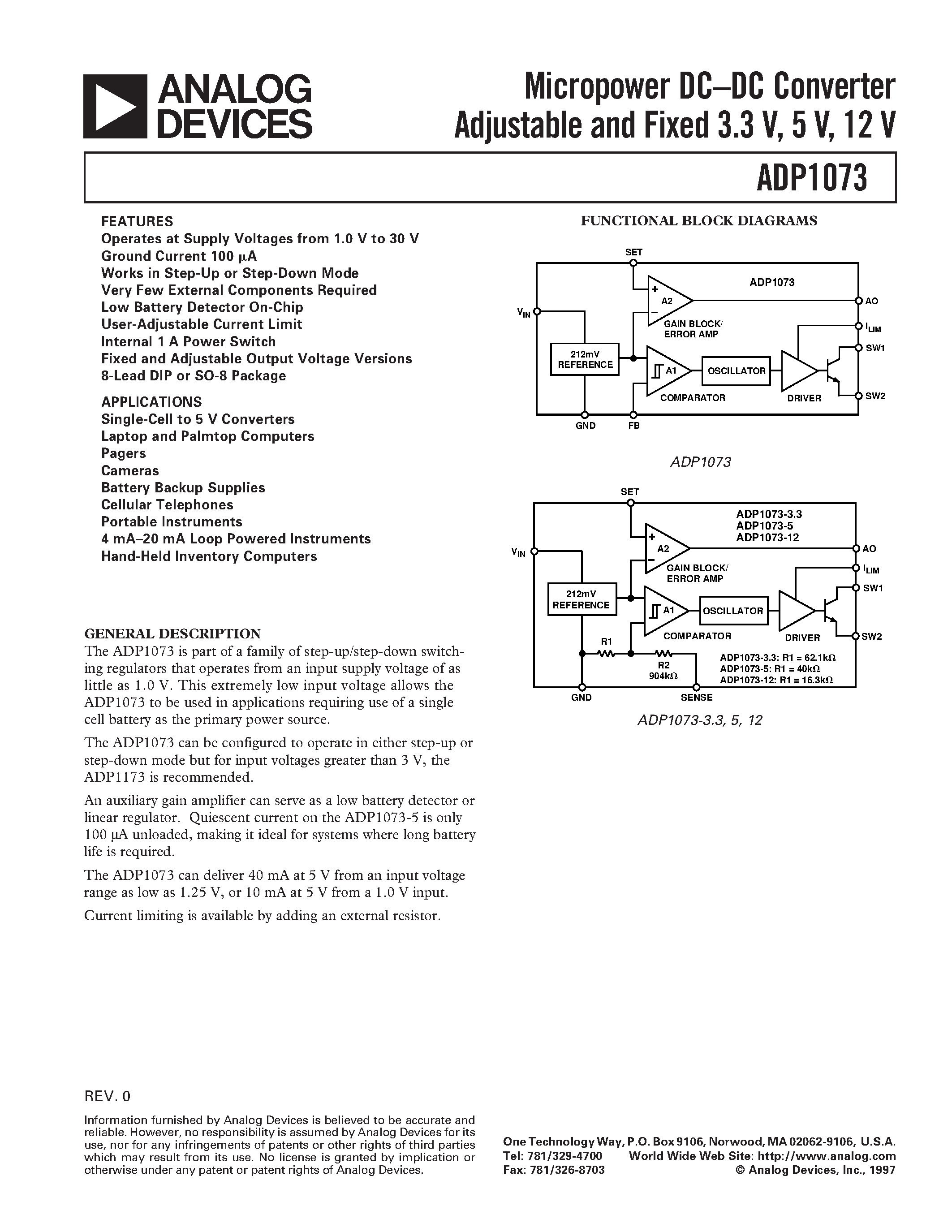 Datasheet ADP1073AN-12 - Micropower DC.DC Converter Adjustable and Fixed 3.3 V/ 5 V/ 12 V page 1