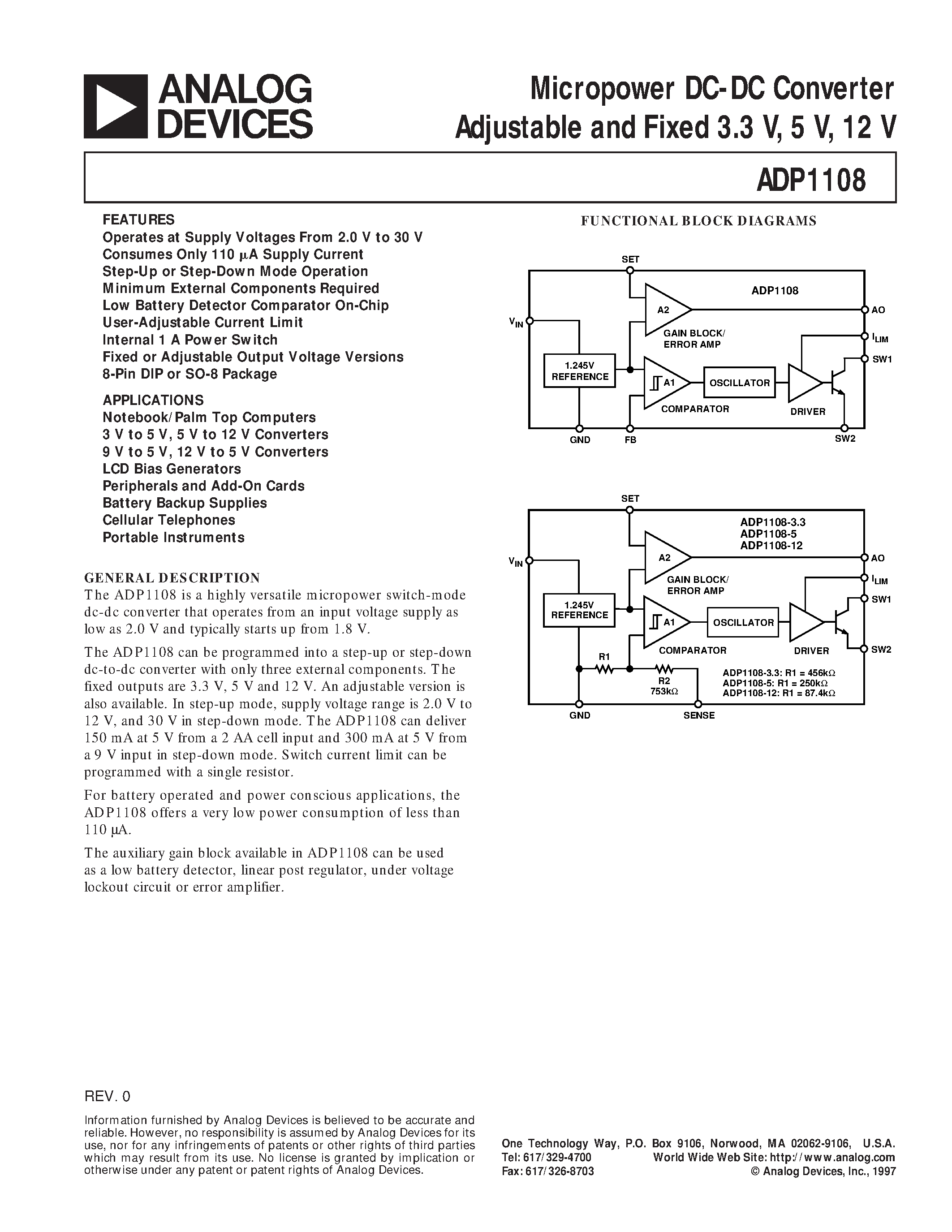 Datasheet ADP1108AN-33 - Micropower DC-DC Converter Adjustable and Fixed 3.3 V/ 5 V/ 12 V page 1