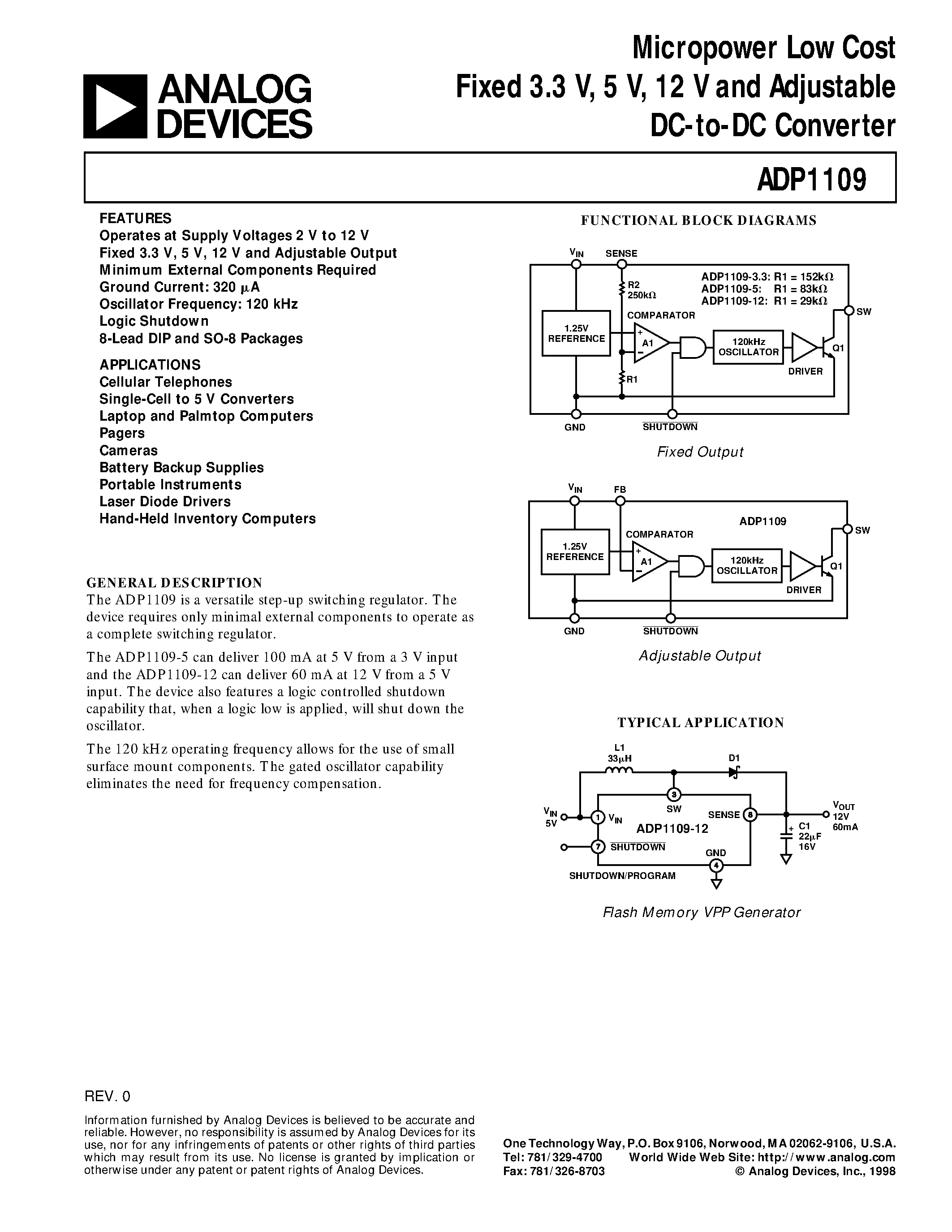 Datasheet ADP1109 - Micropower Low Cost Fixed 3.3 V/ 5 V/ 12 V and Adjustable DC-to-DC Converter page 1