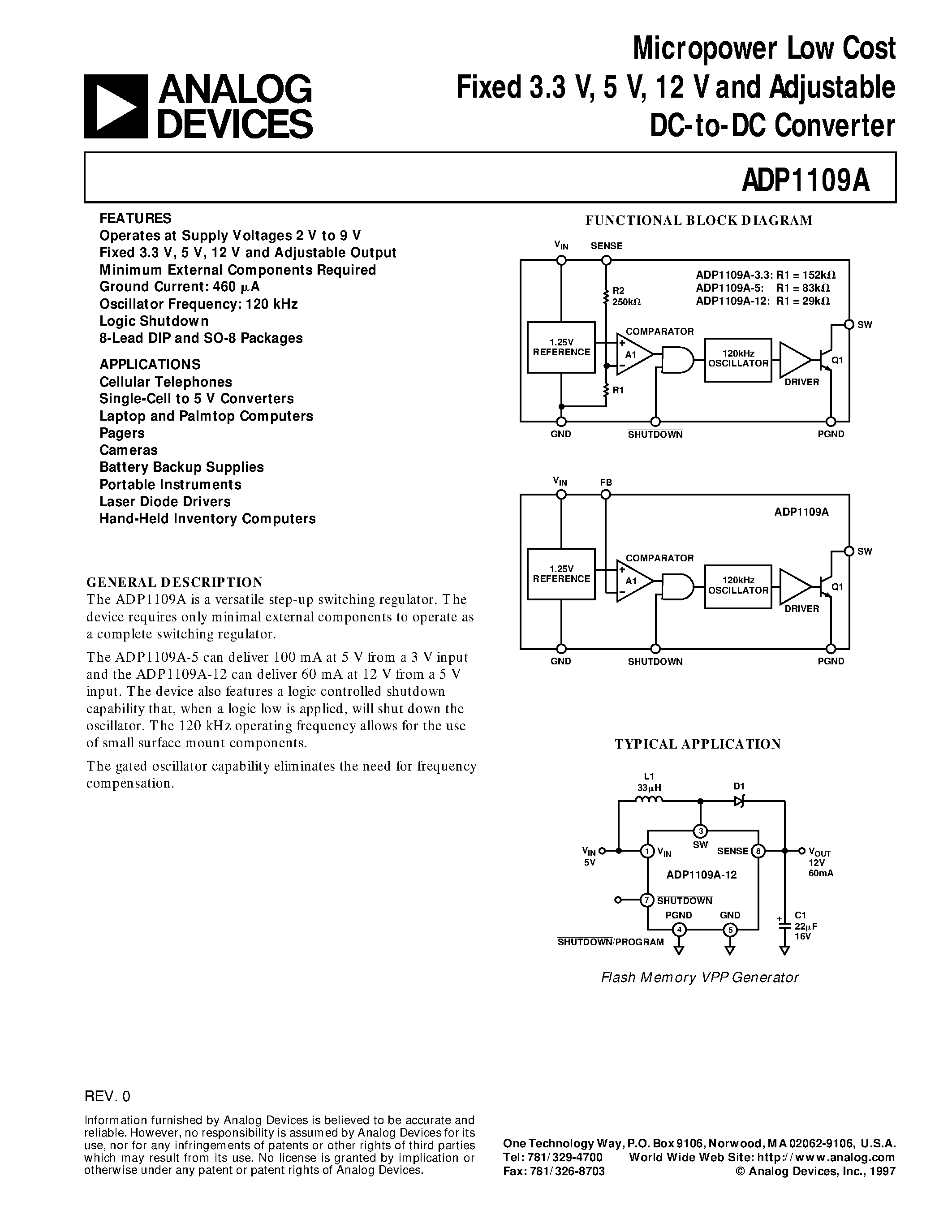 Datasheet ADP1109AAN - Micropower Low Cost Fixed 3.3 V/ 5 V/ 12 V and Adjustable DC-to-DC Converter page 1