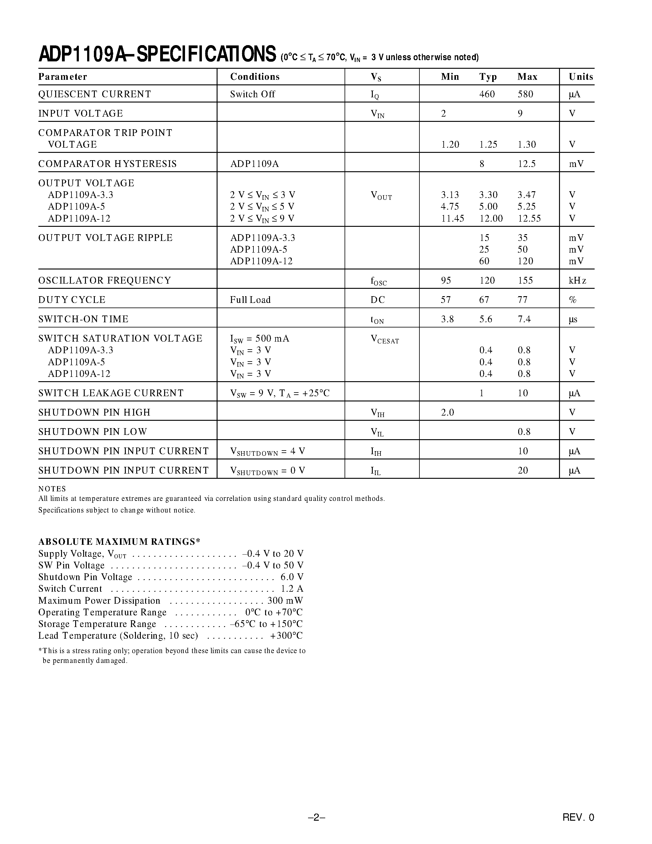 Datasheet ADP1109AAN - Micropower Low Cost Fixed 3.3 V/ 5 V/ 12 V and Adjustable DC-to-DC Converter page 2