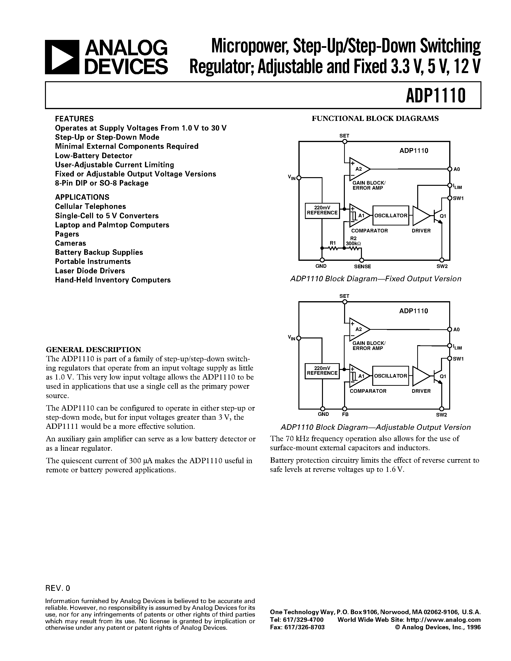 Даташит ADP1110 - Micropower/ Step-Up/Step-Down Switching Regulator; Adjustable and Fixed 3.3 V/ 5 V/ 12 V страница 1