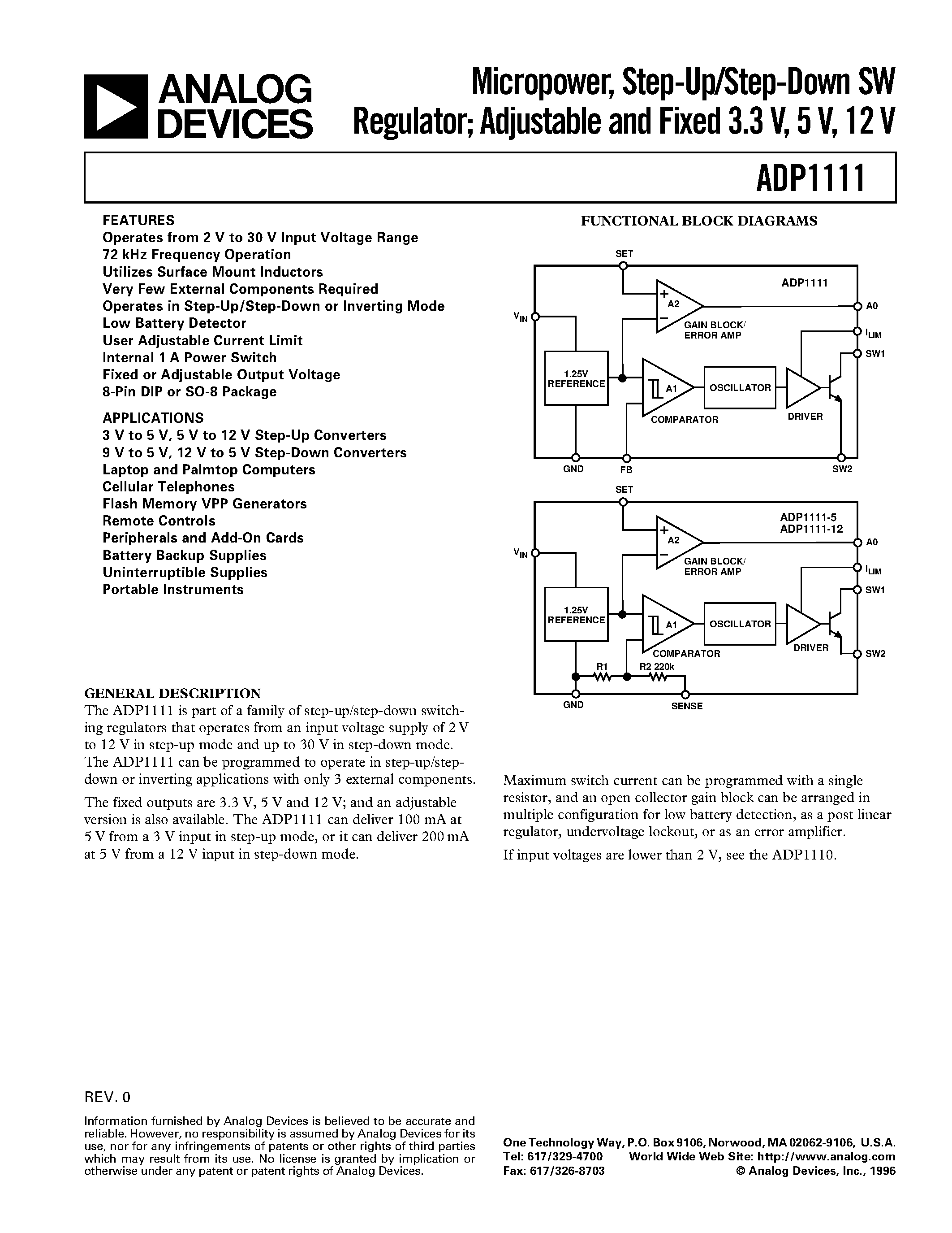 Даташит ADP1111AN - Micropower/ Step-Up/Step-Down SW Regulator; Adjustable and Fixed 3.3 V/ 5 V/ 12 V страница 1