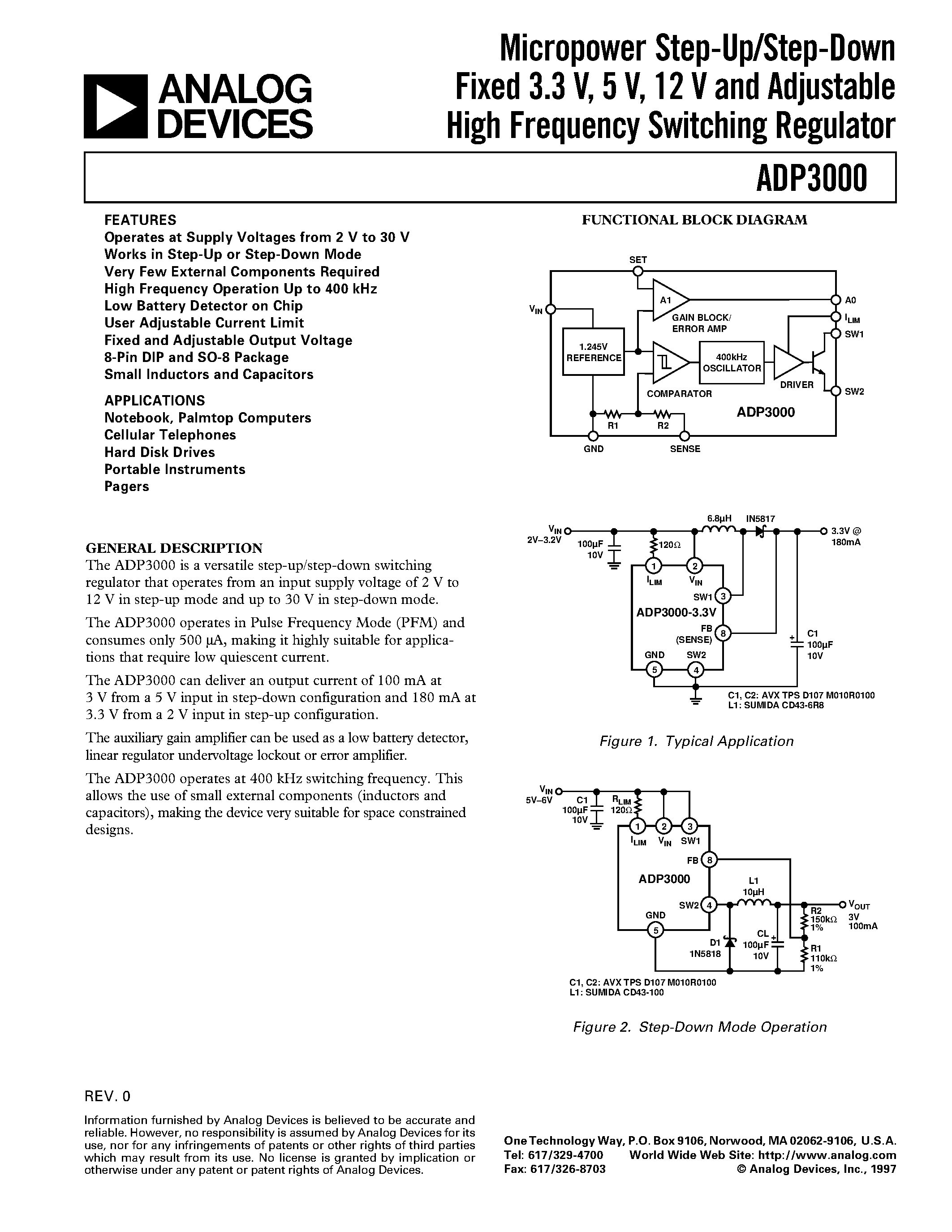 Даташит ADP3000 - Micropower Step-Up/Step-Down Fixed 3.3 V/ 5 V/ 12 V and Adjustable High Frequency Switching Regulator страница 1