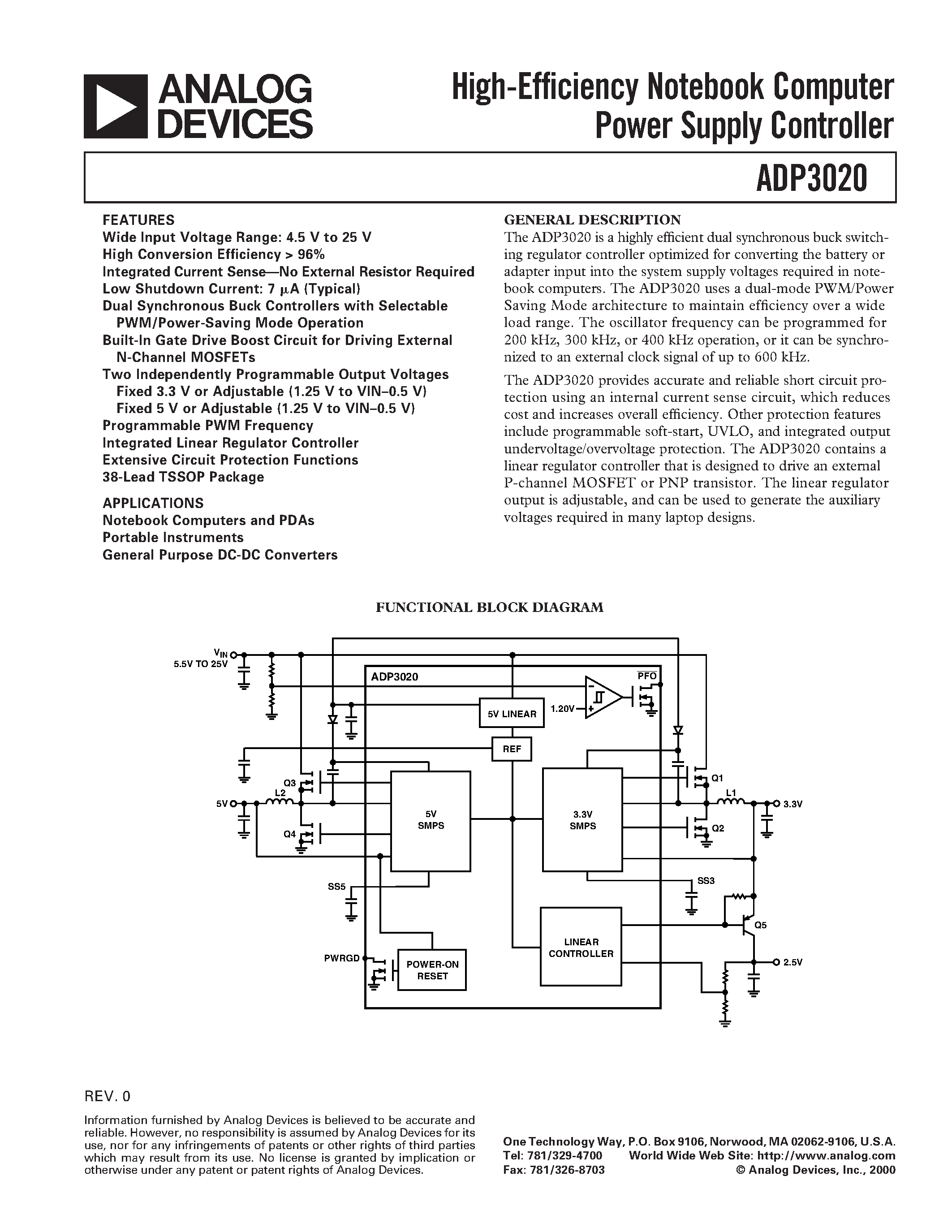 Даташит ADP3020 - High-Efficiency Notebook Computer Power Supply Controller страница 1