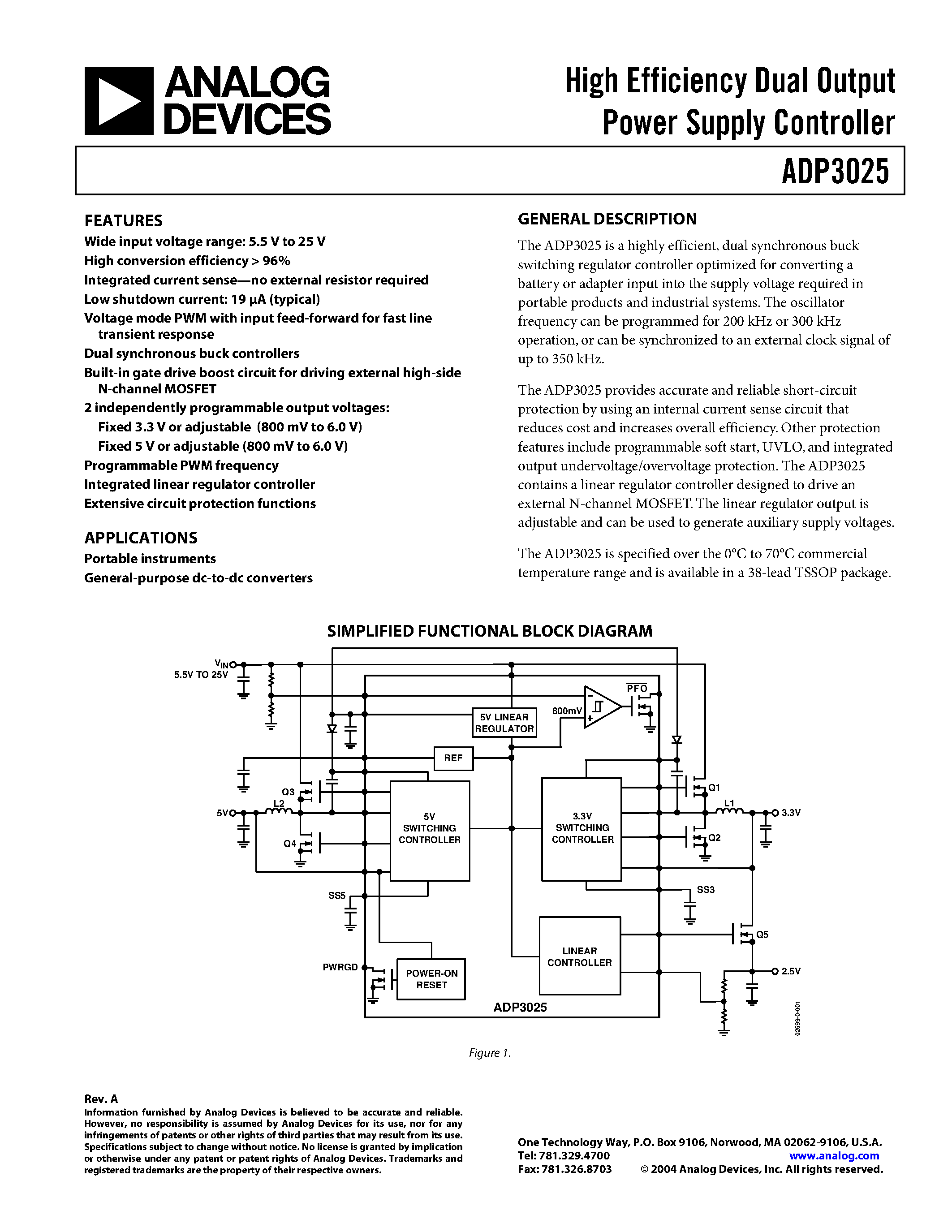 Даташит ADP3025 - High Efficiency Dual Output Power Supply Controller страница 1