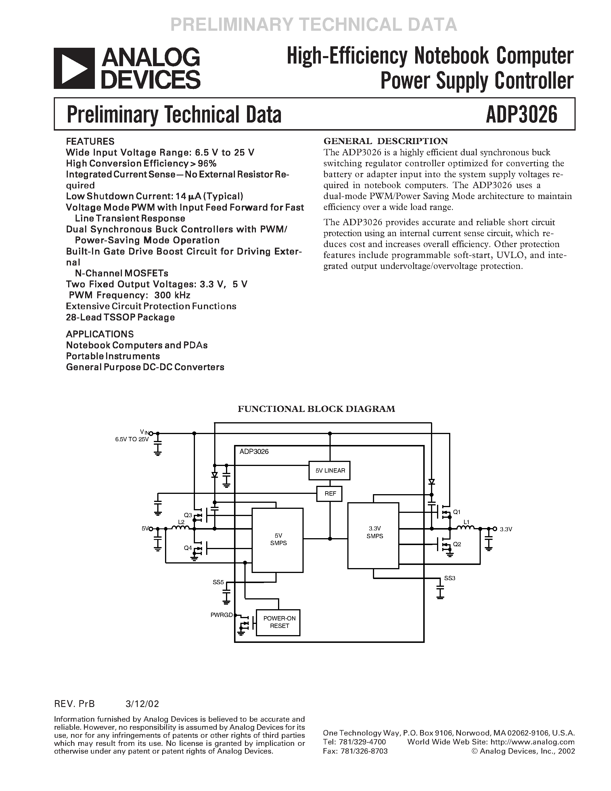 Даташит ADP3026 - High-Efficiency Notebook Computer Power Supply Controller страница 1