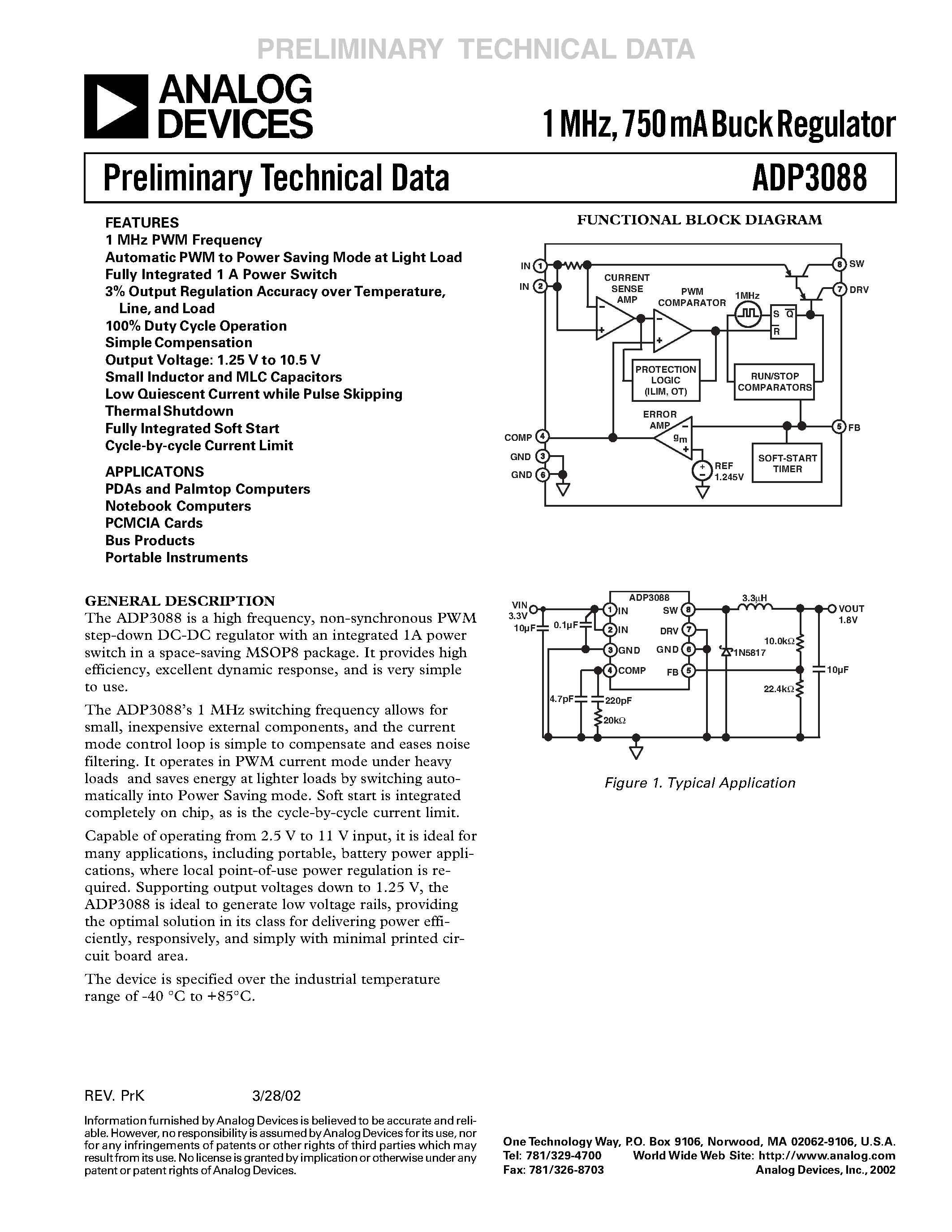 Даташит ADP3088 - 1 MHz/ 750 mA Buck Regulator страница 1