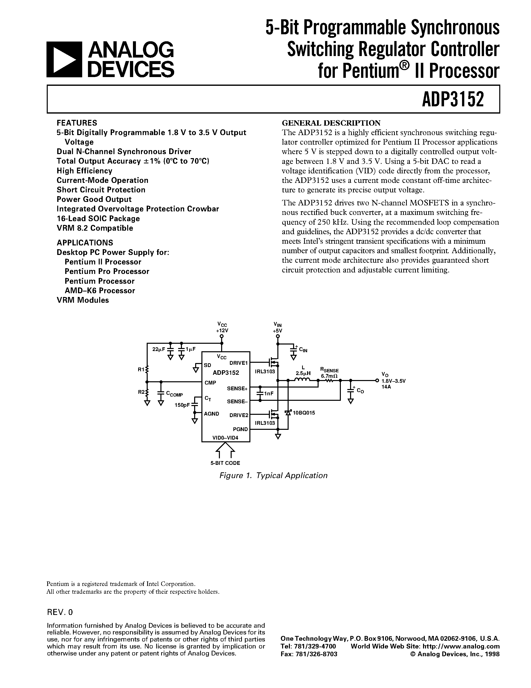 Даташит ADP3152 - 5-Bit Programmable Synchronous Switching Regulator Controller for Pentium II Processor страница 1