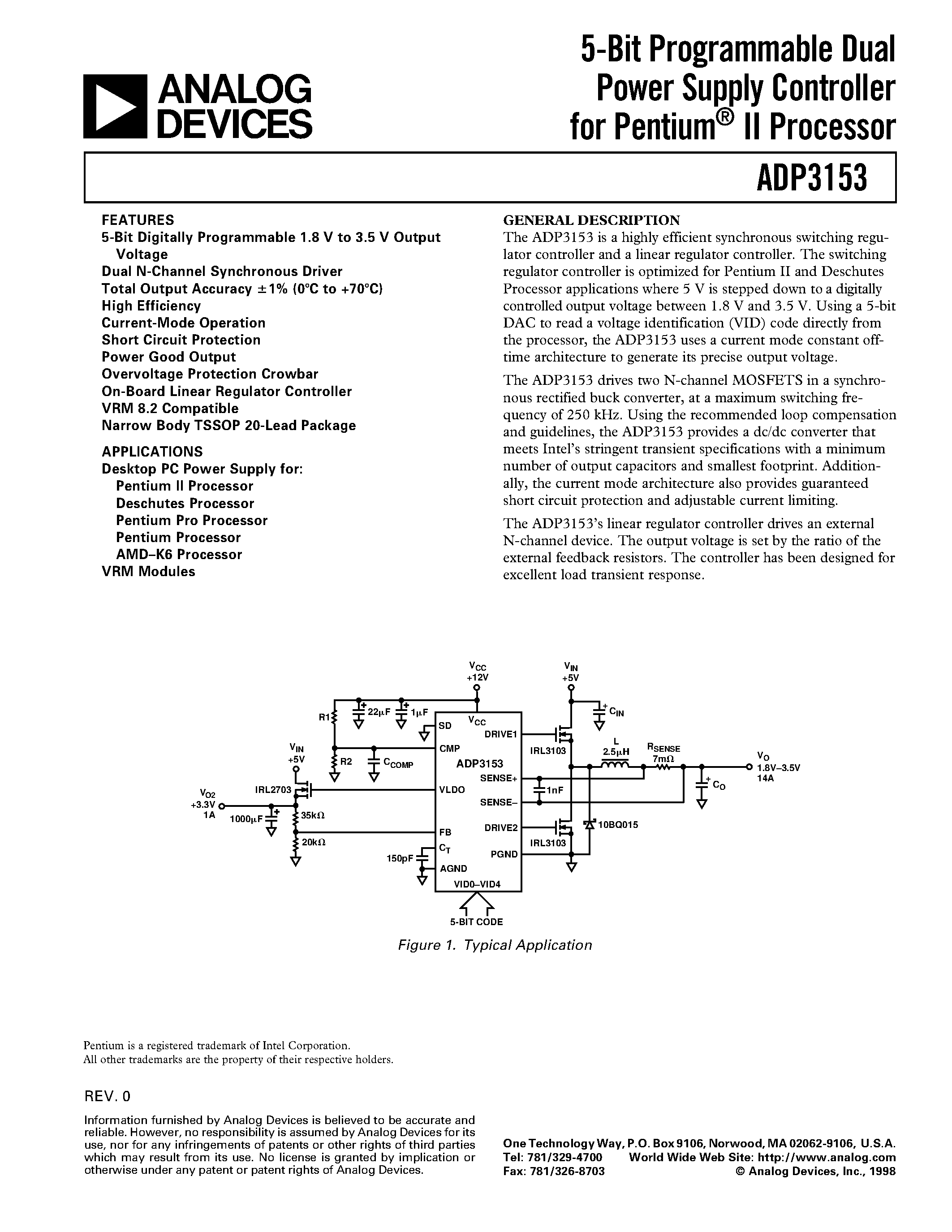 Даташит ADP3153 - 5-Bit Programmable Dual Power Supply Controller for Pentium II Processor страница 1