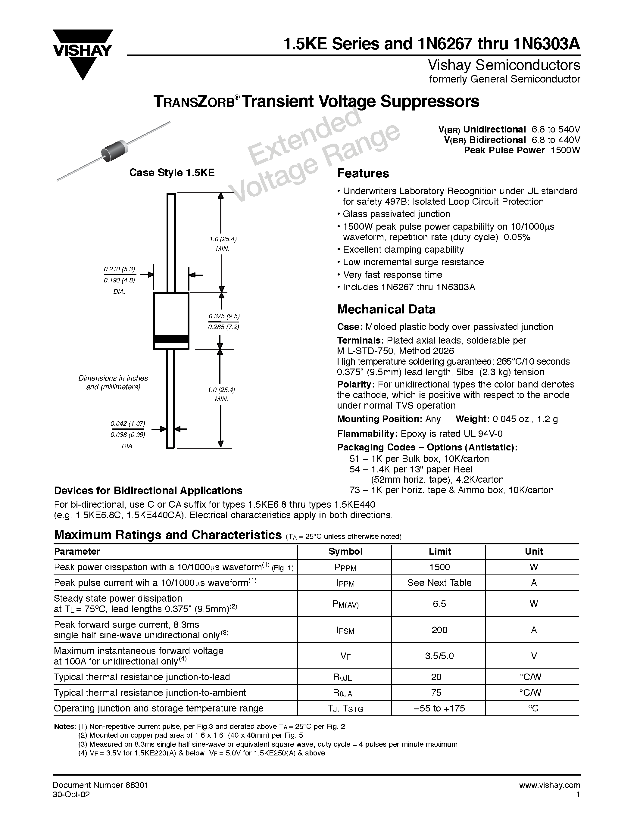 Даташит 1.5KE11 - TRANSZORB Transient Voltage Suppressors страница 1