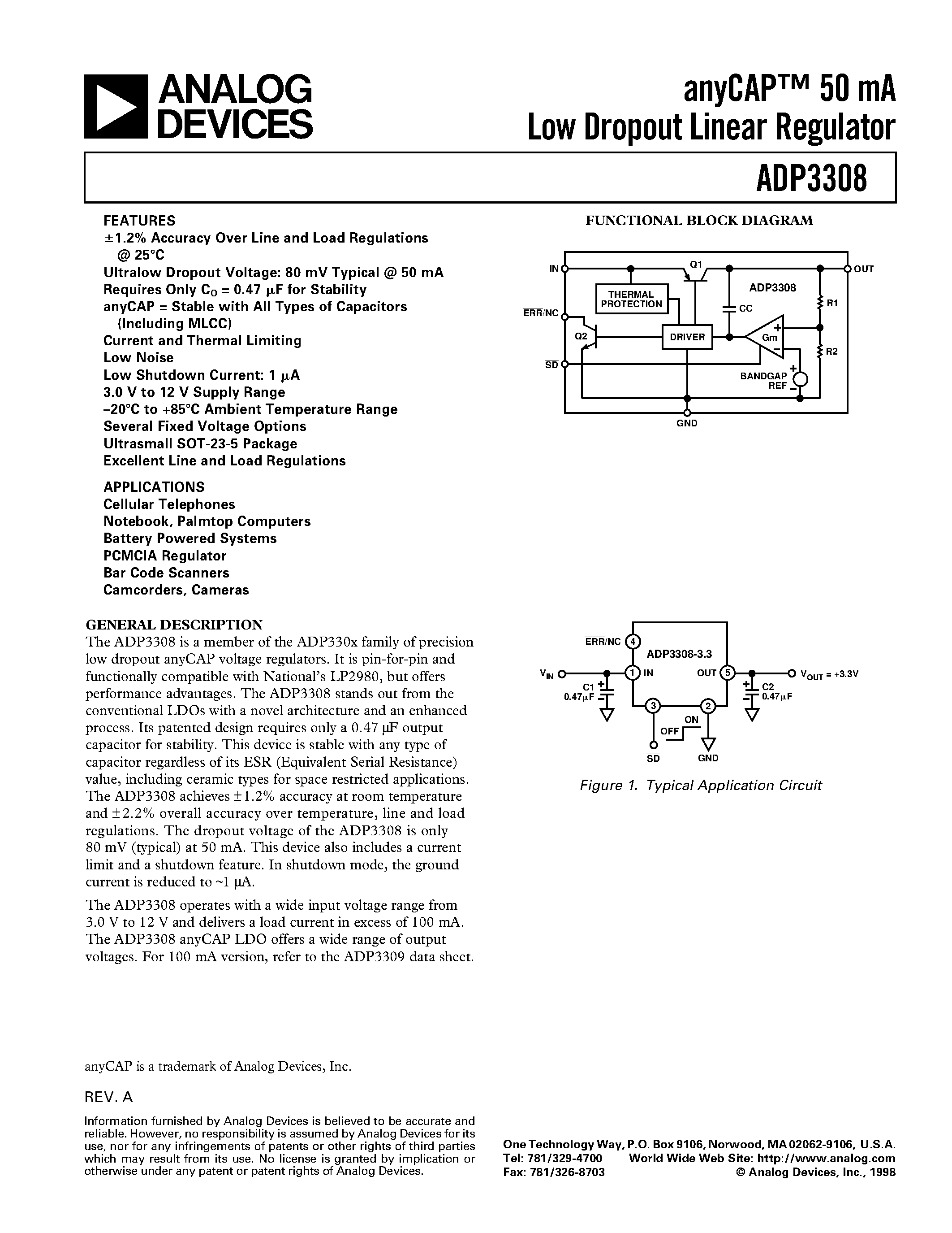 Datasheet ADP3308ART-33 - anyCAP 50 mA Low Dropout Linear Regulator page 1