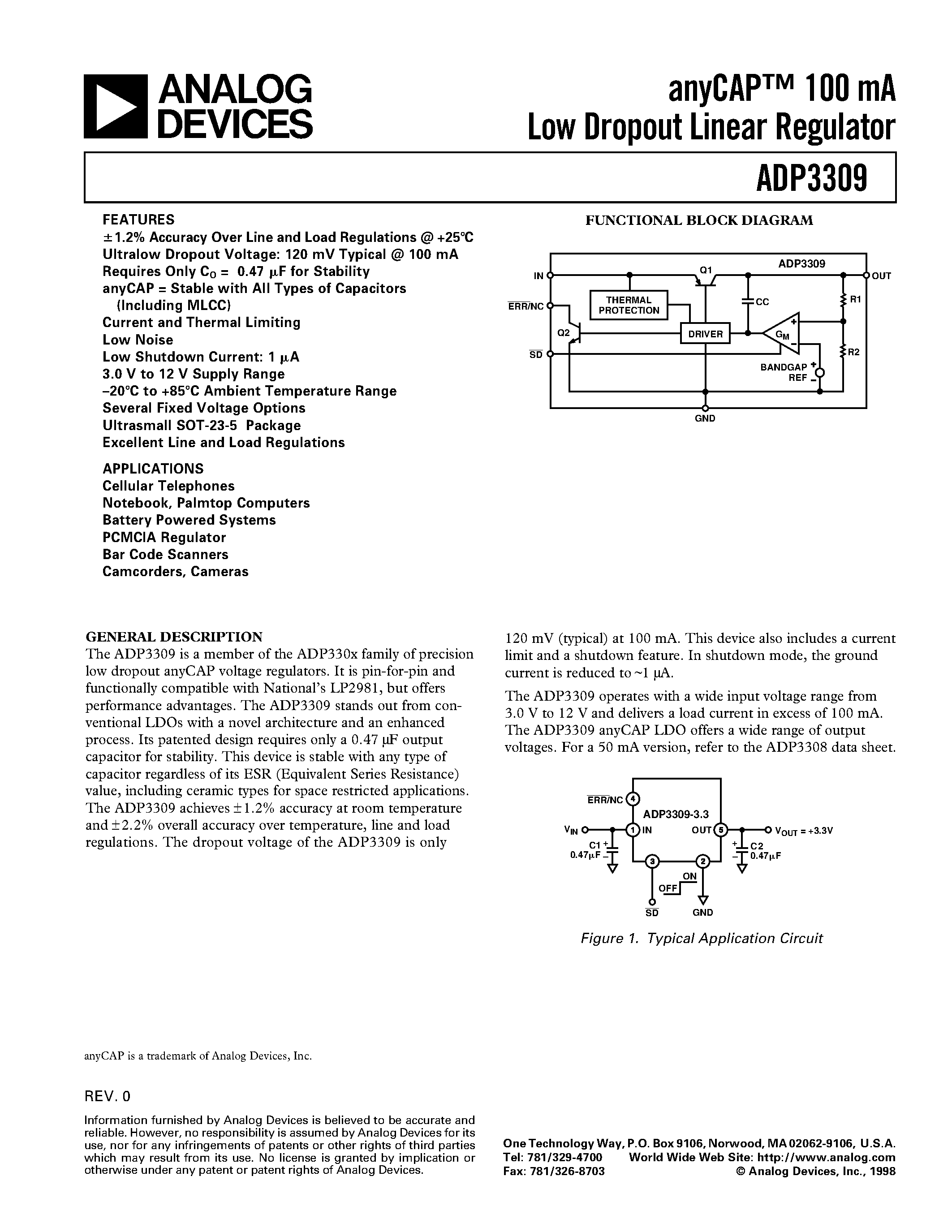 Datasheet ADP3309ART-3 - anyCAP 100 mA Low Dropout Linear Regulator page 1