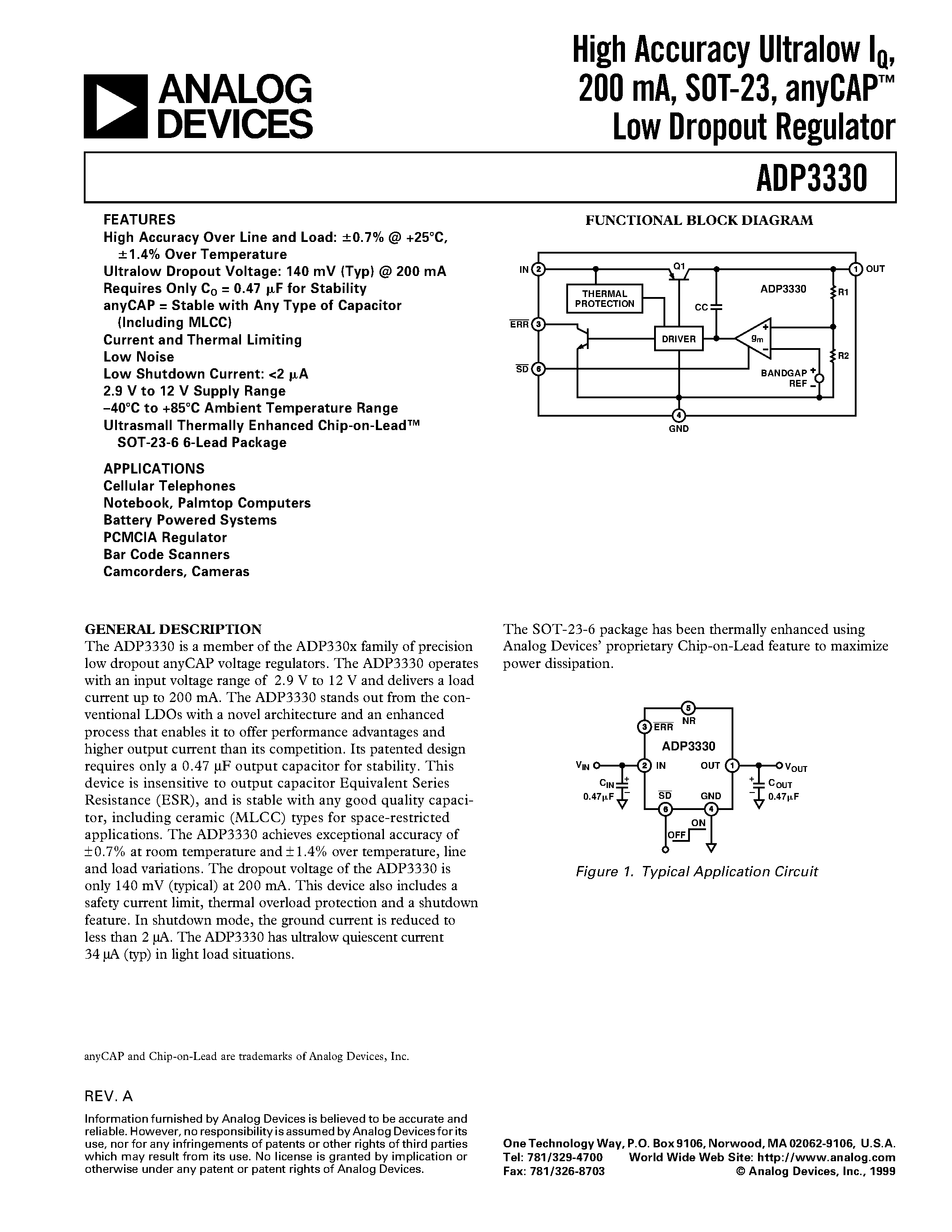 Datasheet ADP3330 - High Accuracy Ultralow IQ/ 200 mA/ SOT-23/ anyCAP Low Dropout Regulator page 1