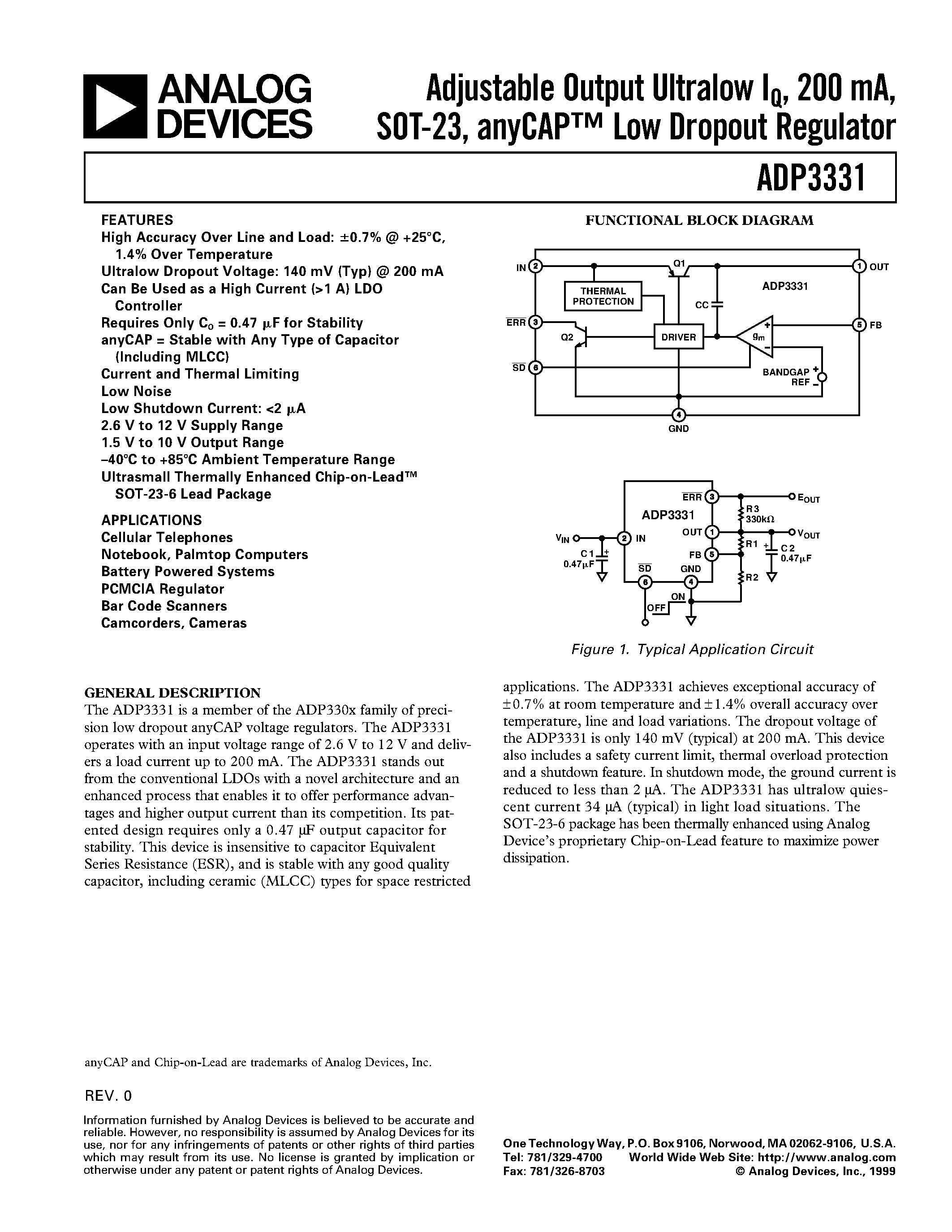 Datasheet ADP3331 - Adjustable Output Ultralow IQ/ 200 mA/ SOT-23/ anyCAP Low Dropout Regulator page 1