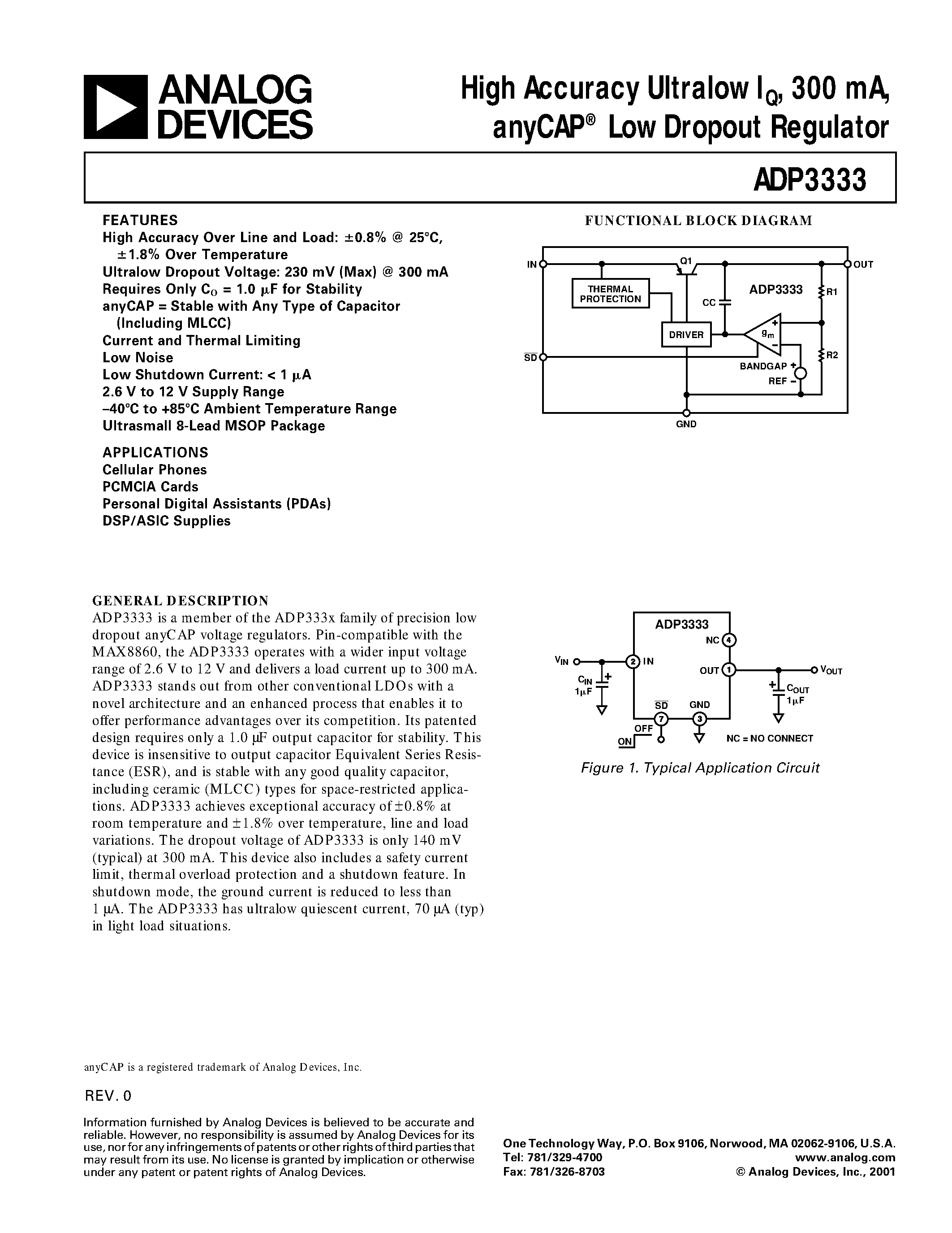 Datasheet ADP3333 - High Accuracy Ultralow IQ/ 300 mA/ anyCAP Low Dropout Regulator page 1