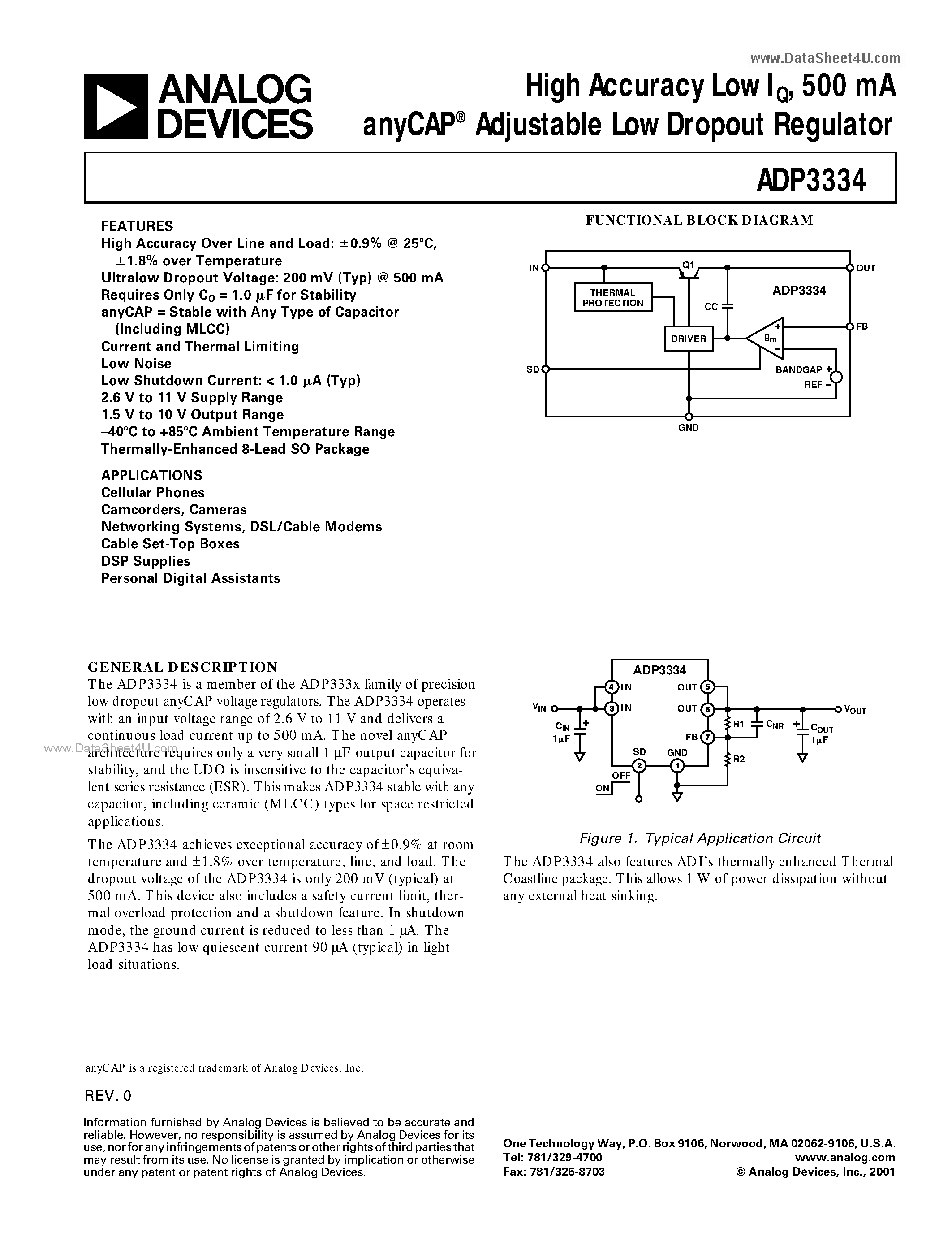 Datasheet ADP3334 - High Accuracy Low IQ/ 500 mA anyCAP Adjustable Low Dropout Regulator page 1