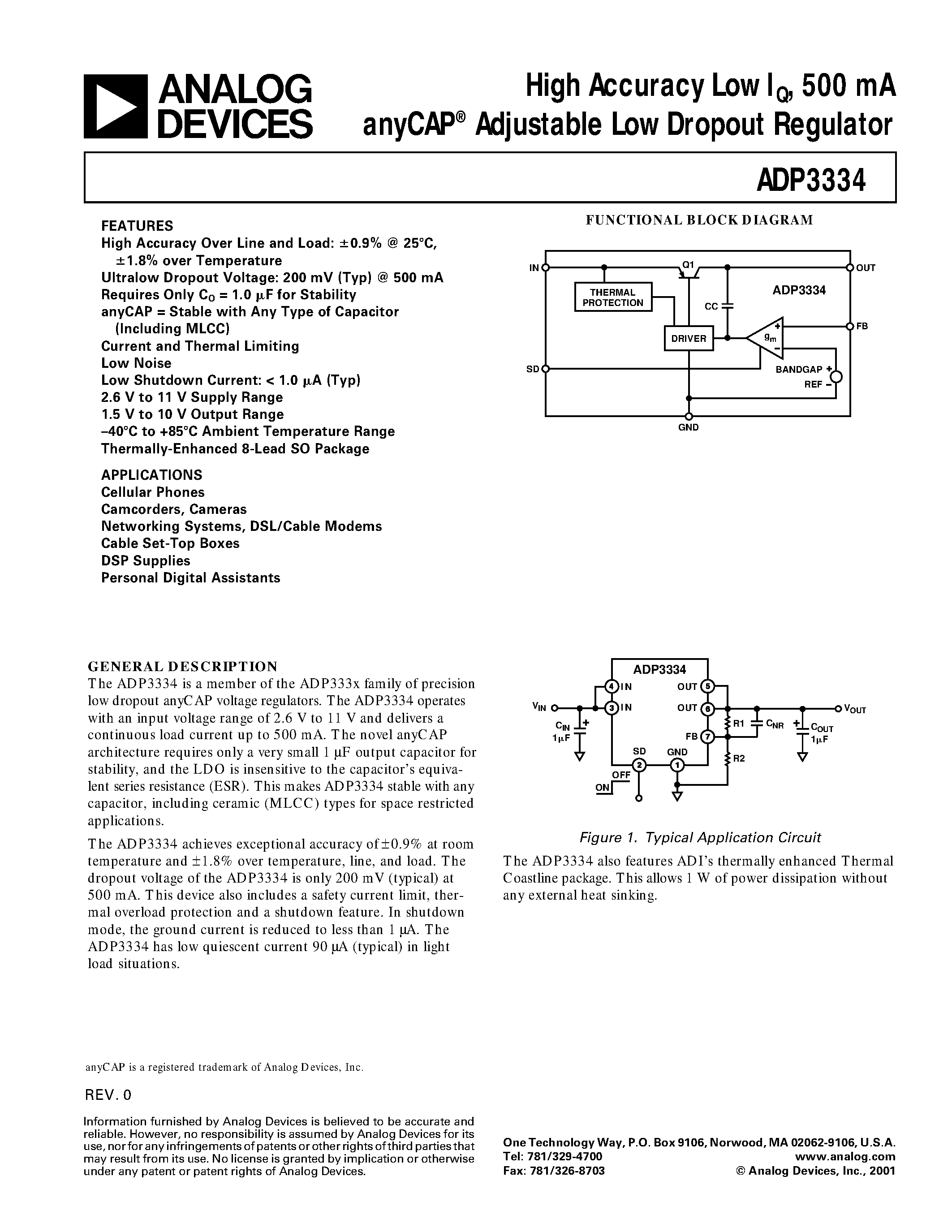 Datasheet ADP3334AR - High Accuracy Low IQ/ 500 mA anyCAP Adjustable Low Dropout Regulator page 1