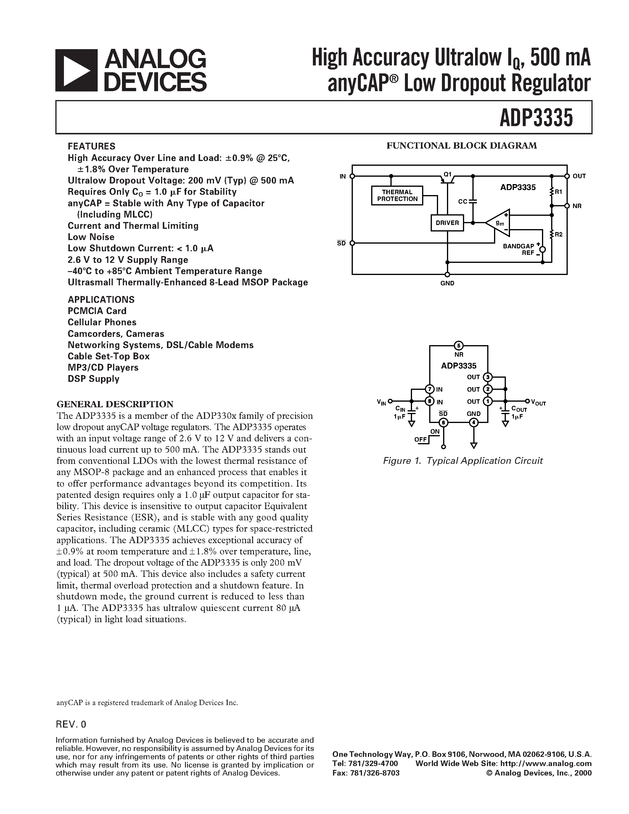 Datasheet ADP3335 - High Accuracy Ultralow IQ/ 500 mA anyCAP Low Dropout Regulator page 1