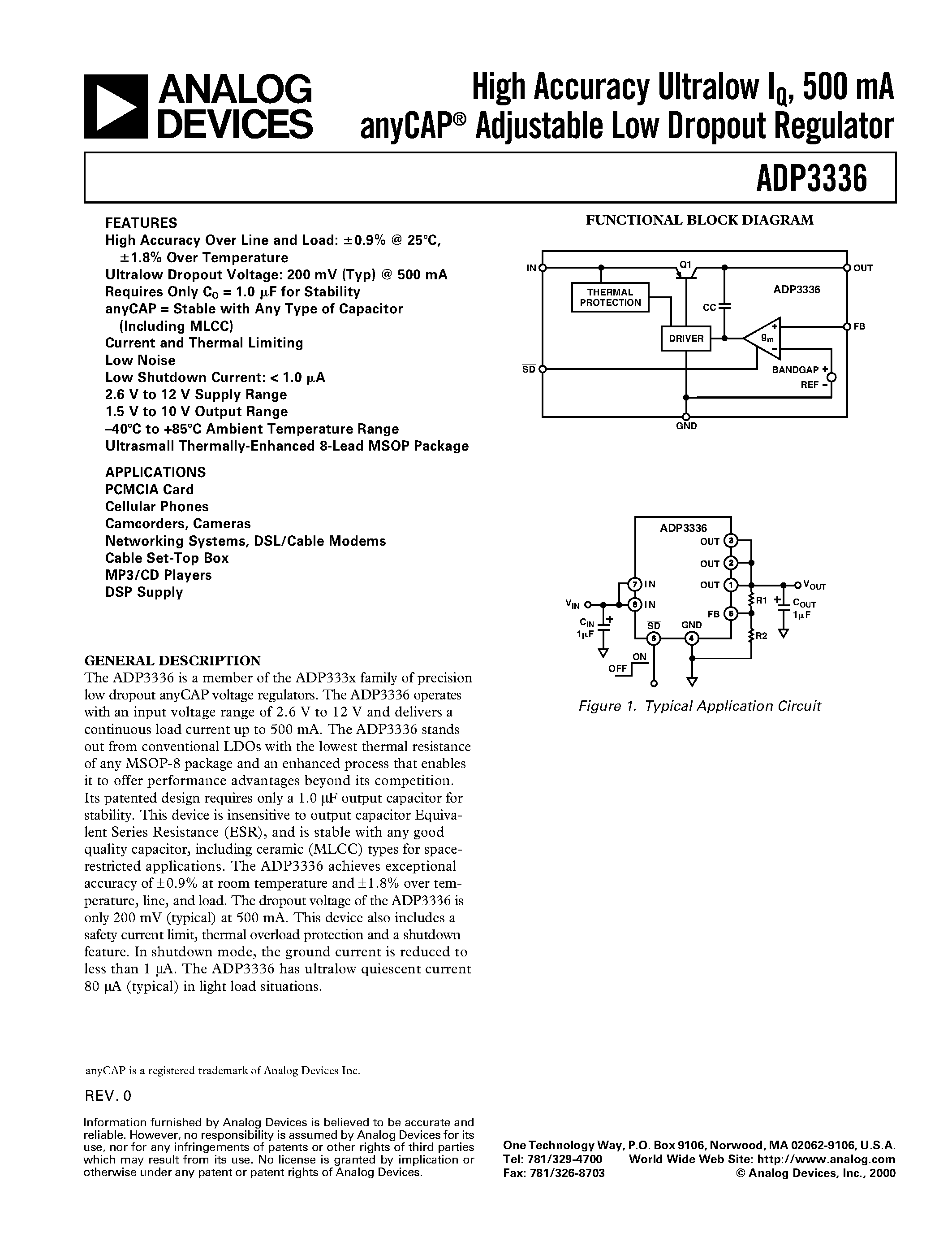 Datasheet ADP3336 - High Accuracy Ultralow IQ/ 500 mA anyCAP Adjustable Low Dropout Regulator page 1