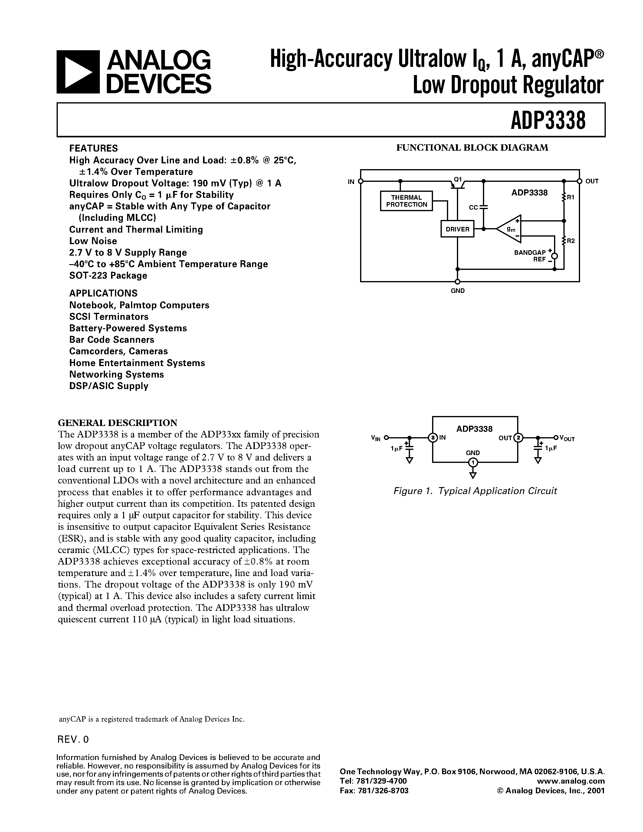 Datasheet ADP3338AKC-285 - High-Accuracy Ultralow IQ/ 1 A/ anyCAP Low Dropout Regulator page 1