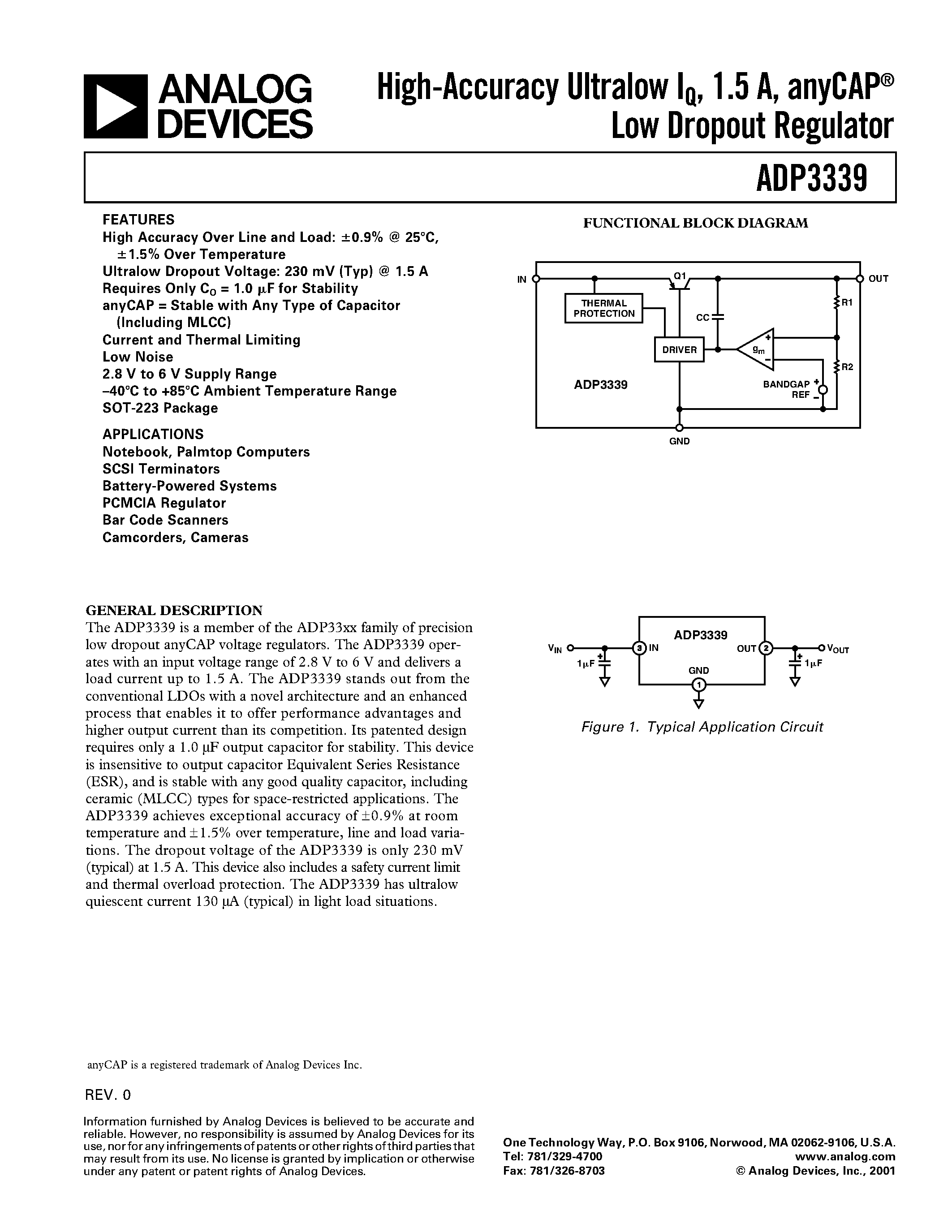 Datasheet ADP3339AKC-285 - High-Accuracy Ultralow IQ/ 1.5 A/ anyCAP Low Dropout Regulator page 1