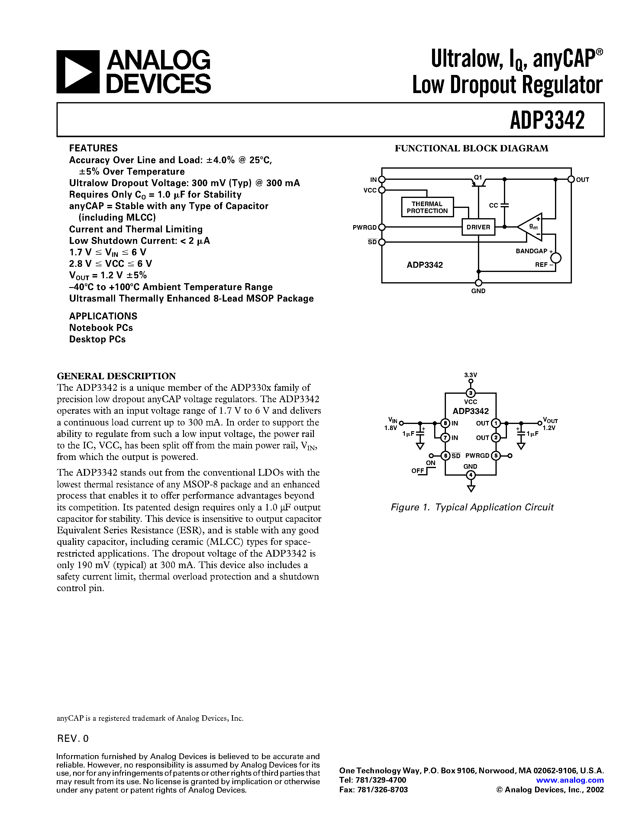 Datasheet ADP3342 - Ultralow/ IQ/ anyCAP Low Dropout Regulator page 1