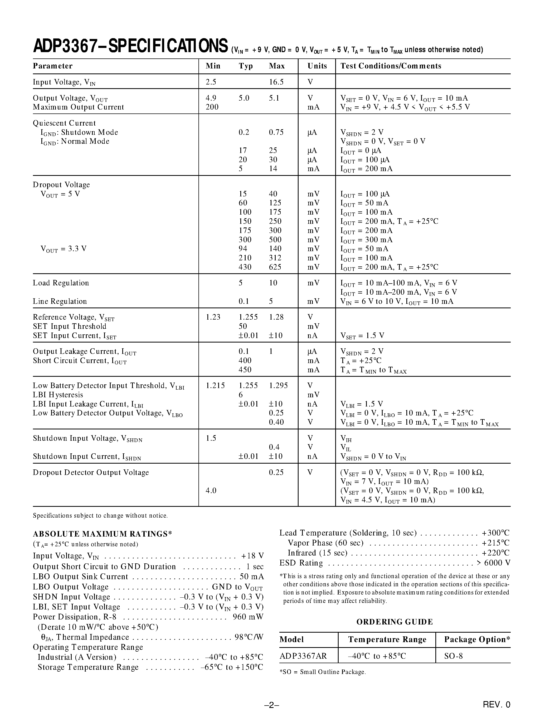 Datasheet ADP3367 - +5 V Fixed/ Adjustable Low-Dropout Linear Voltage Regulator page 2