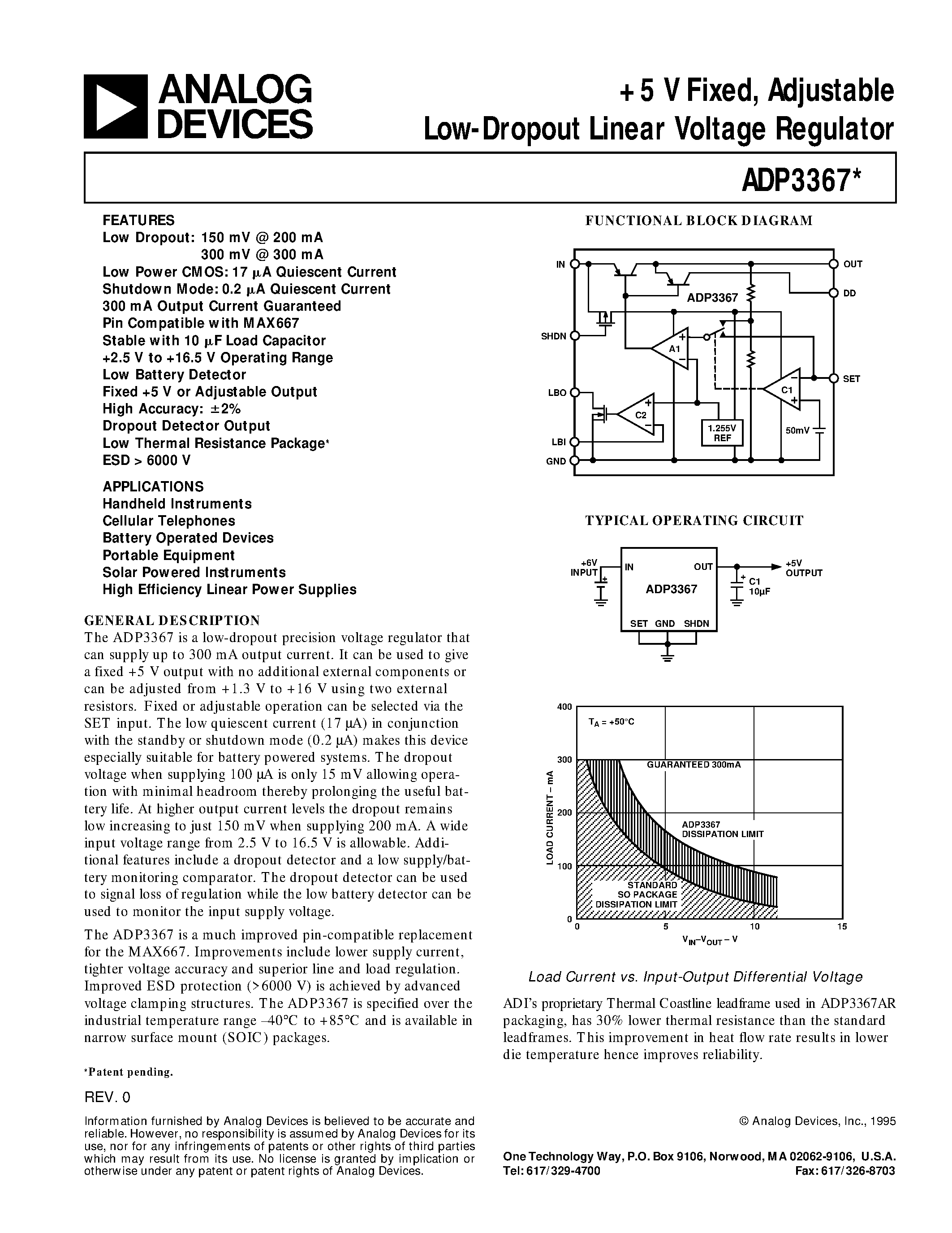 Datasheet ADP3367AR - +5 V Fixed/ Adjustable Low-Dropout Linear Voltage Regulator page 1