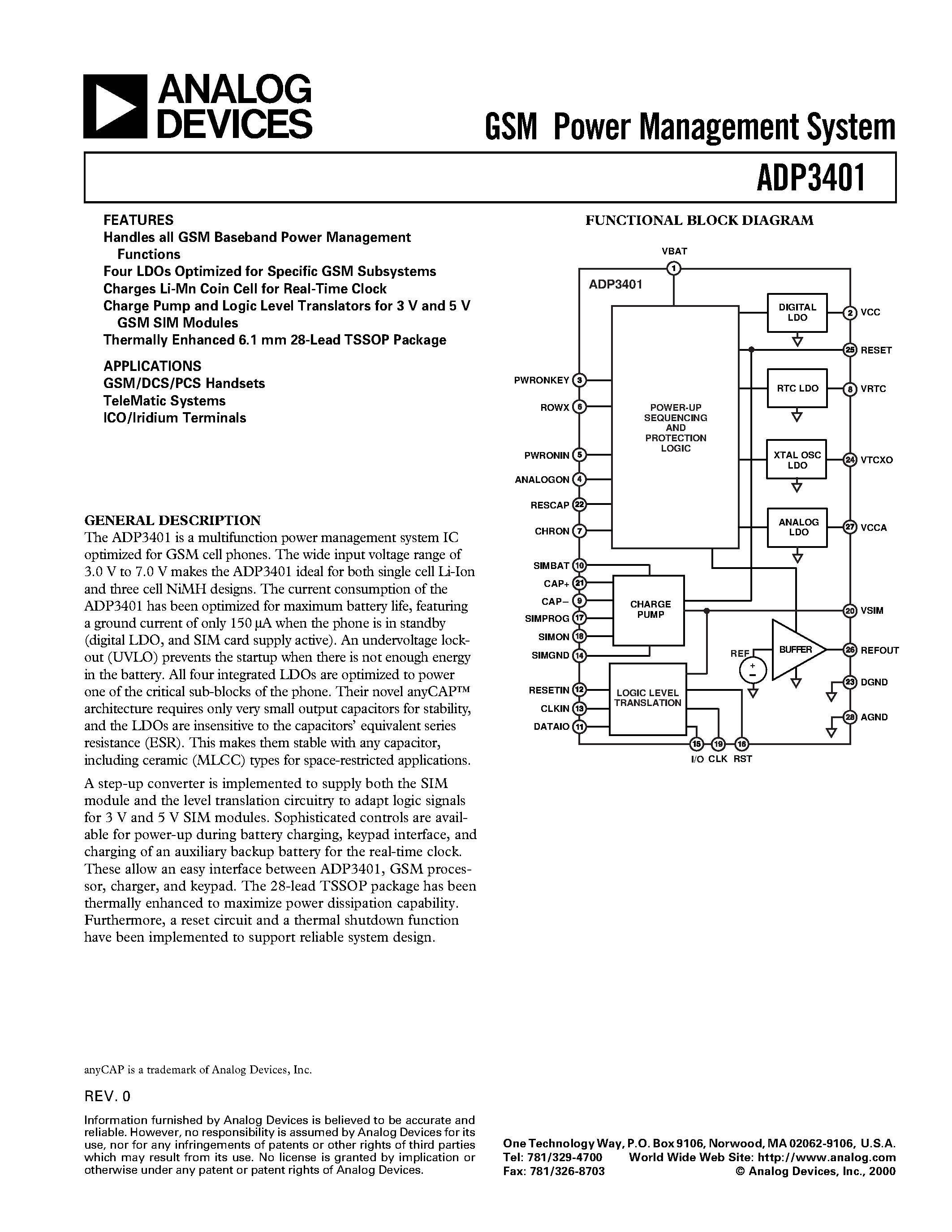 Datasheet ADP3401 - GSM Power Management System page 1