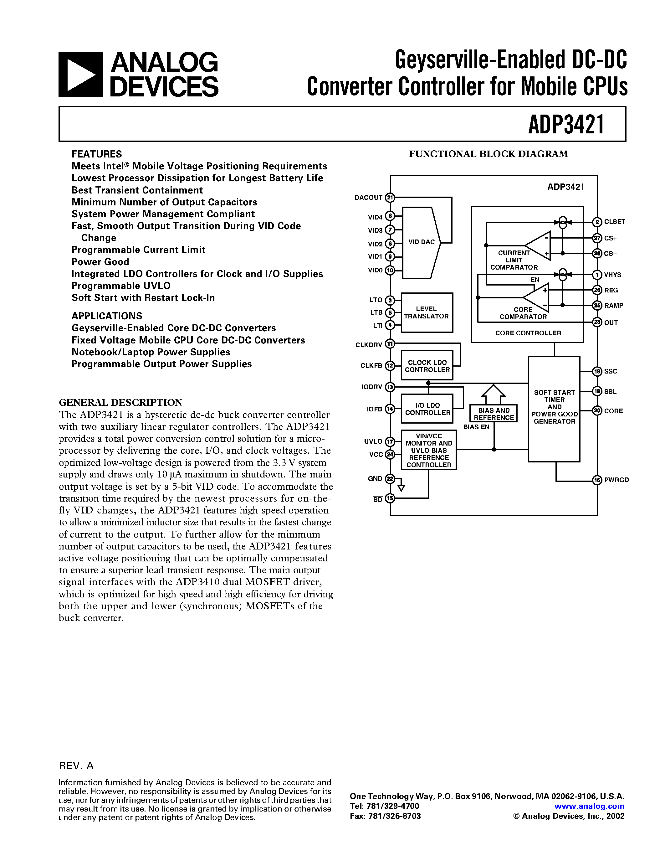 Datasheet ADP3421 - Geyserville-Enabled DC-DC Converter Controller for Mobile CPUs page 1