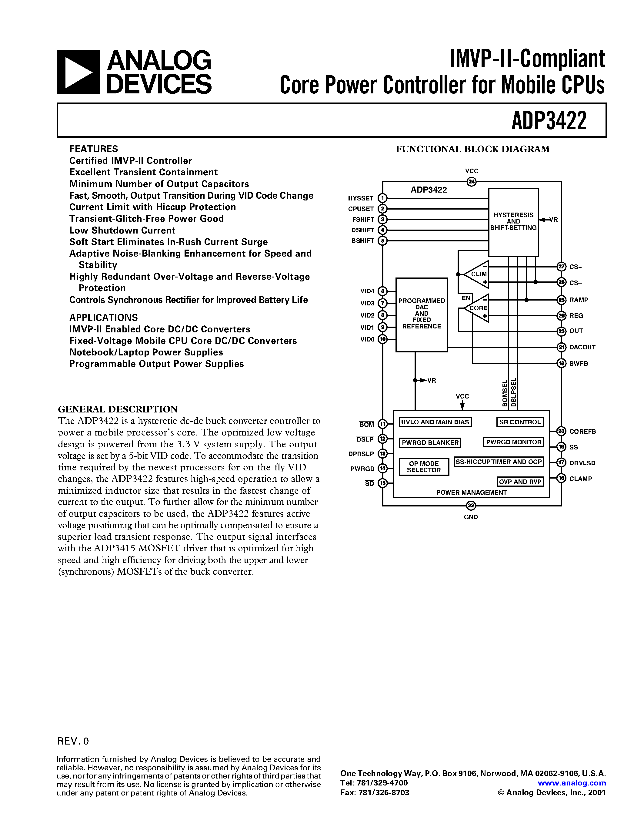 Datasheet ADP3422 - IMVP-II-Compliant Core Power Controller for Mobile CPUs page 1