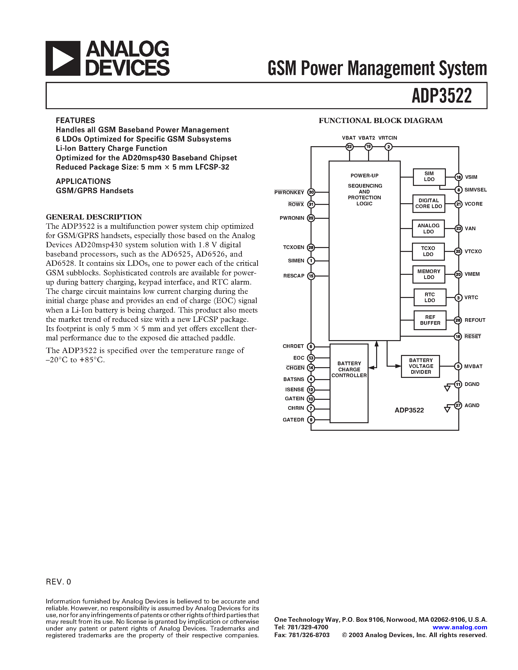 Datasheet ADP3522 - GSM Power Management System page 1