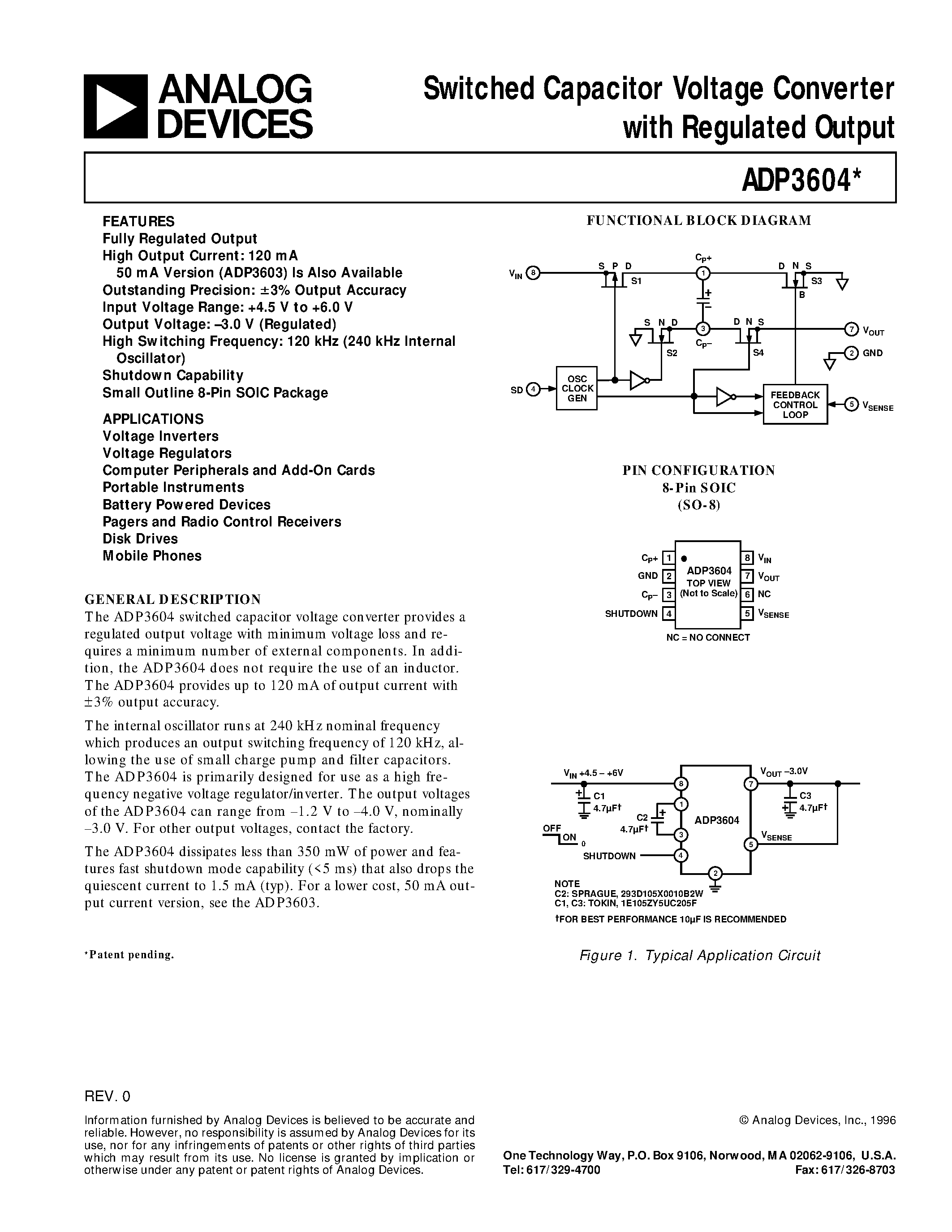 Datasheet ADP3604 - Switched Capacitor Voltage Converter with Regulated Output page 1