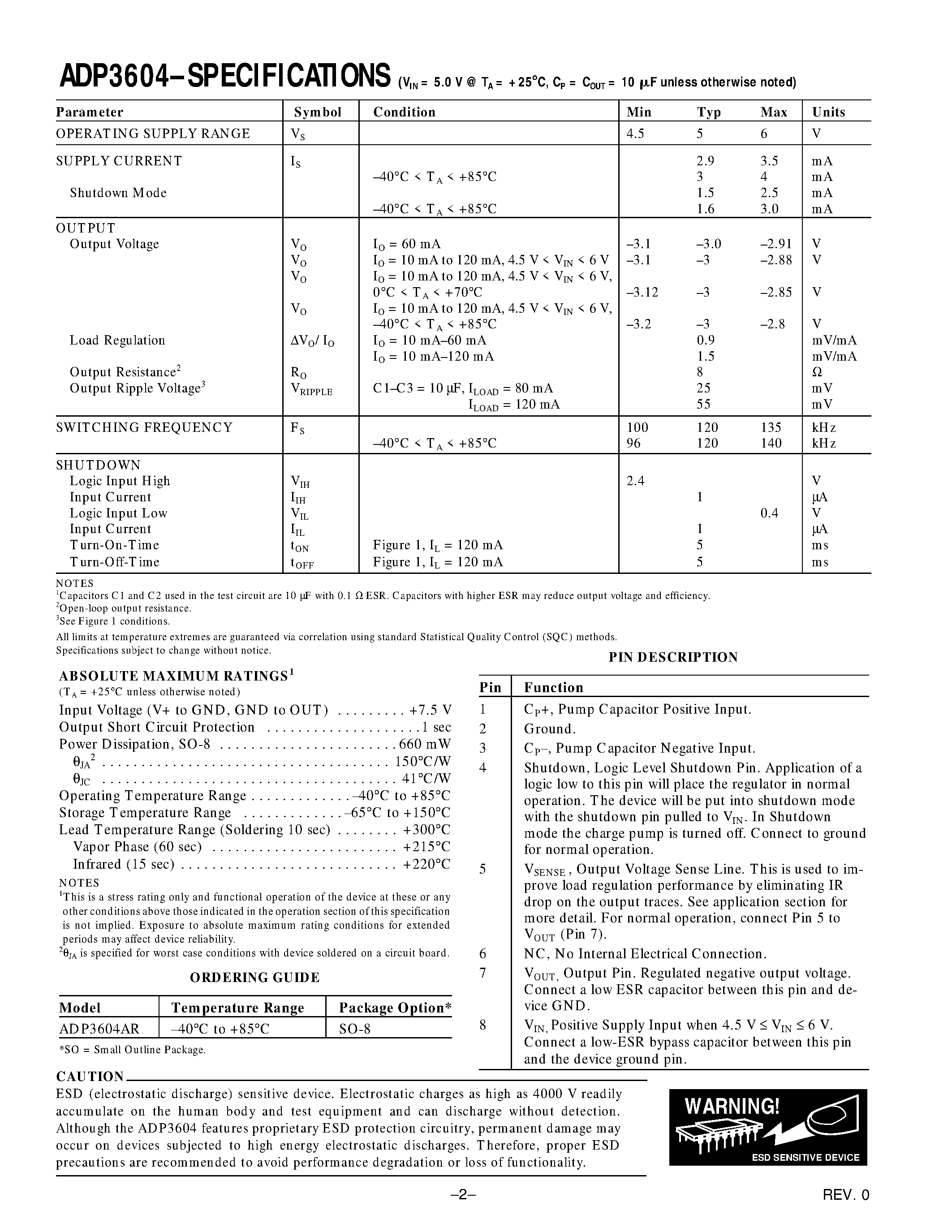 Datasheet ADP3604 - Switched Capacitor Voltage Converter with Regulated Output page 2