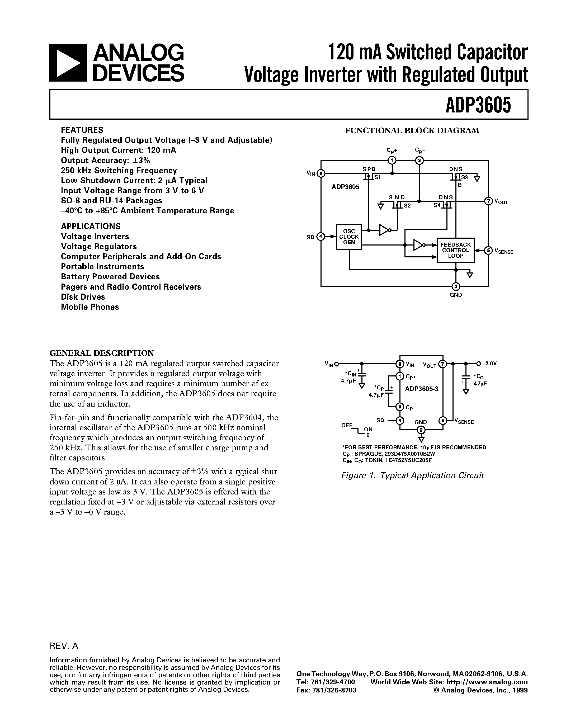 Datasheet ADP3605 - 120 mA Switched Capacitor Voltage Inverter with Regulated Output page 1