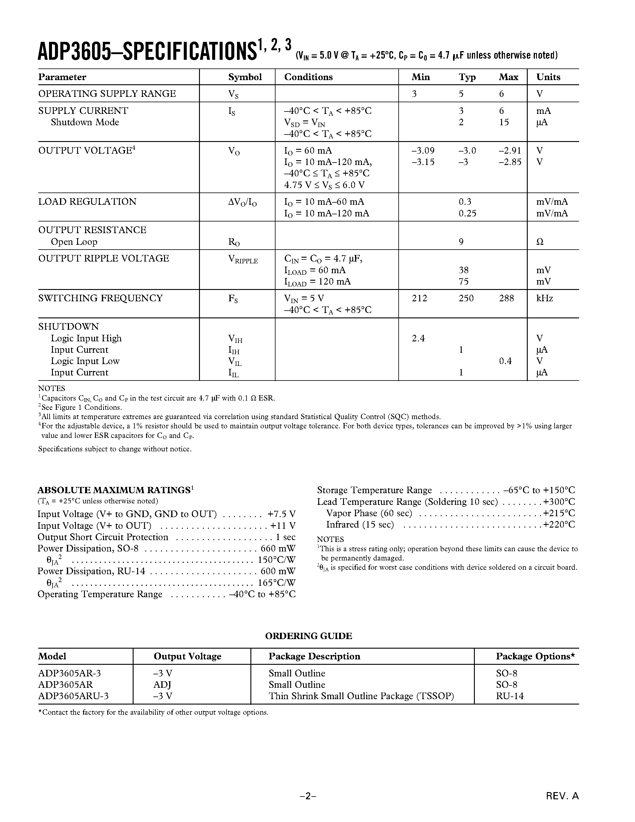 Datasheet ADP3605 - 120 mA Switched Capacitor Voltage Inverter with Regulated Output page 2