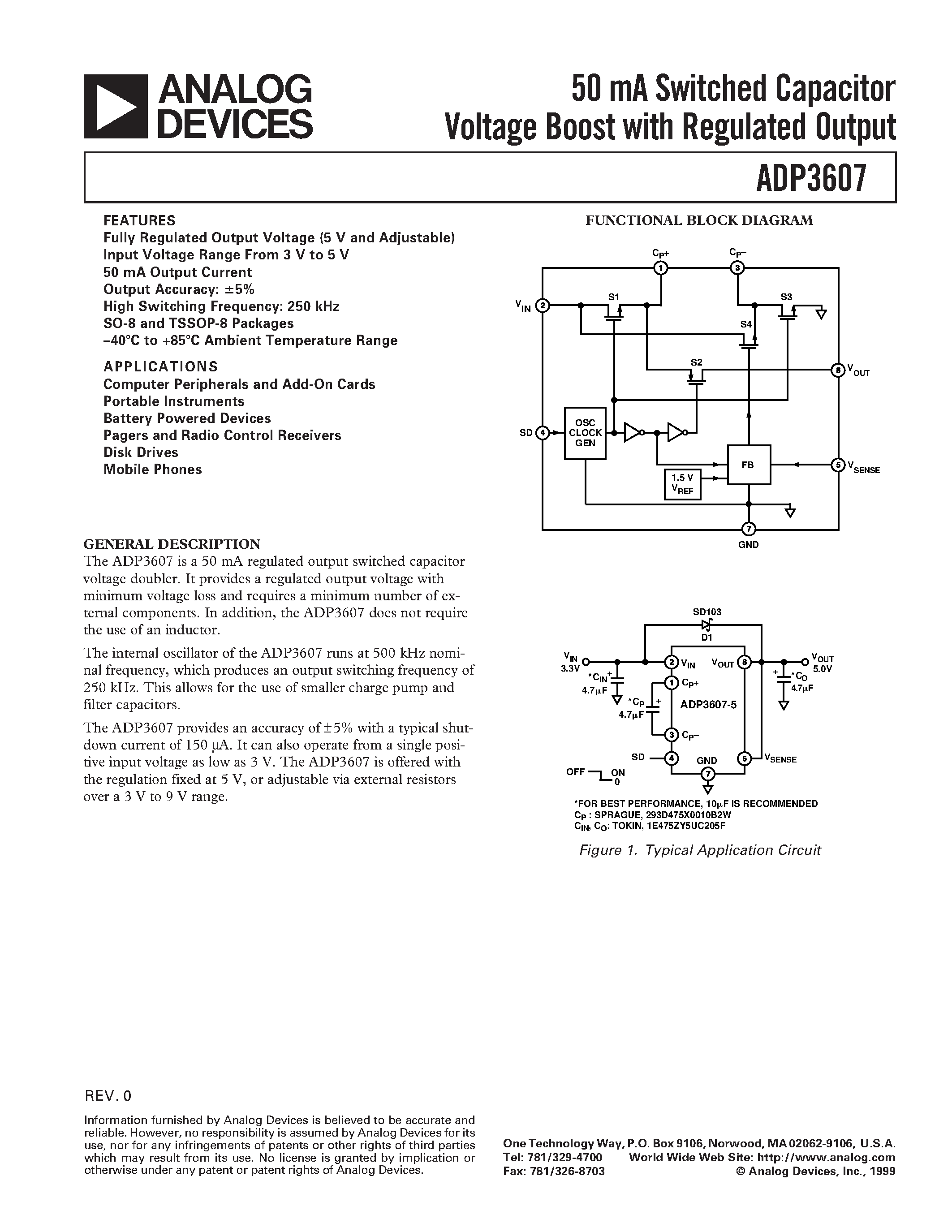 Datasheet ADP3607 - 50 mA Switched Capacitor Voltage Boost with Regulated Output page 1