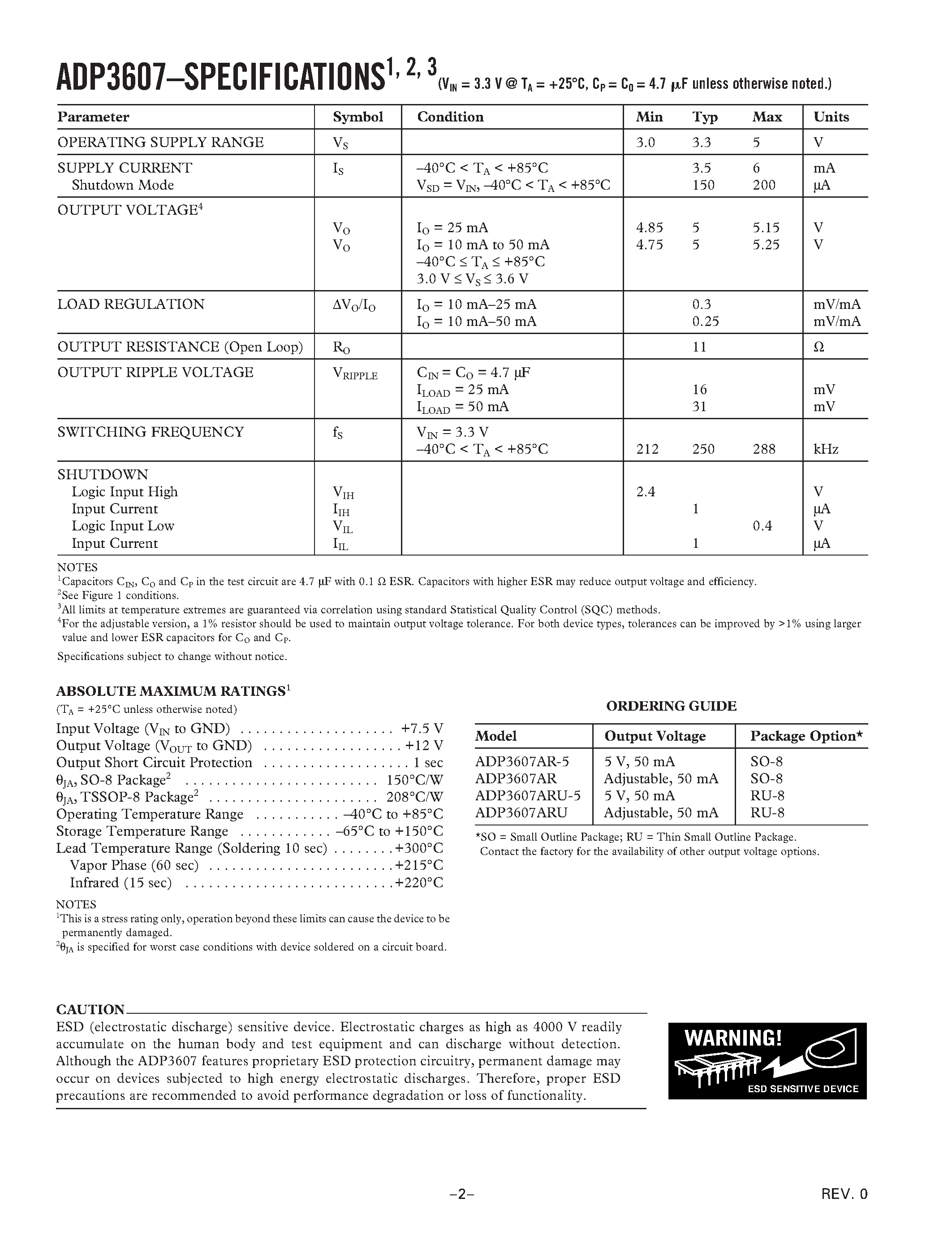 Datasheet ADP3607 - 50 mA Switched Capacitor Voltage Boost with Regulated Output page 2