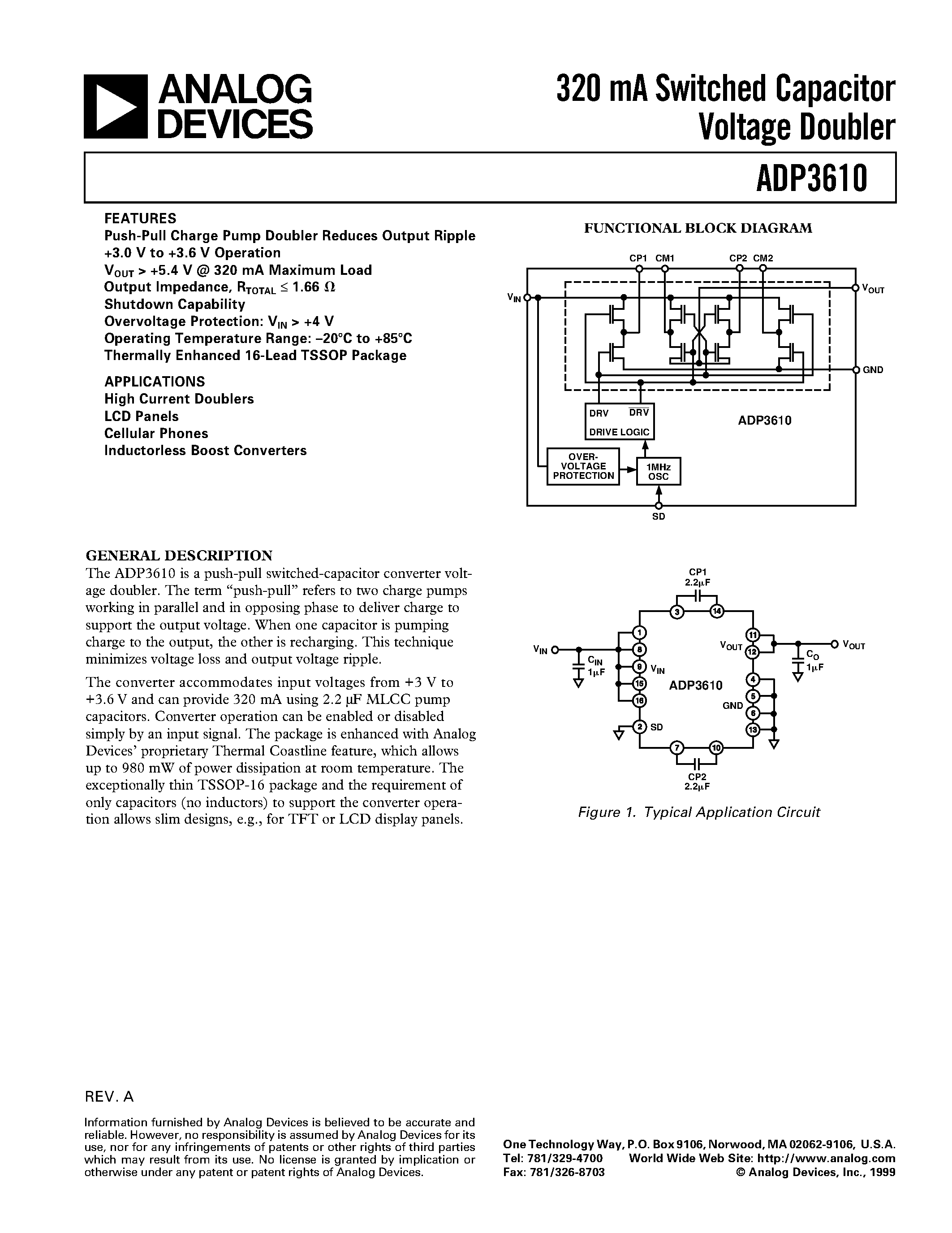 Datasheet ADP3610 - 320 mA Switched Capacitor Voltage Doubler page 1