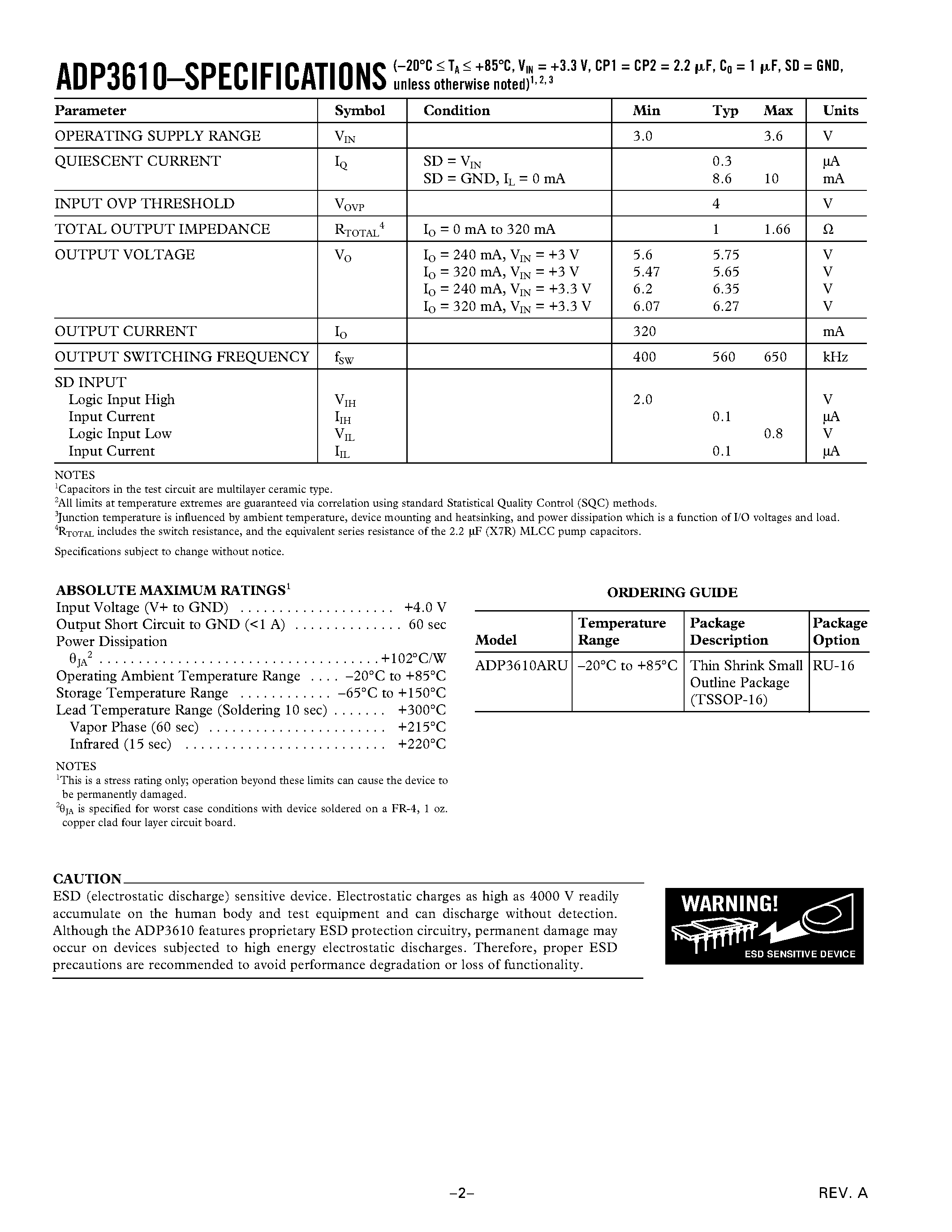 Datasheet ADP3610 - 320 mA Switched Capacitor Voltage Doubler page 2