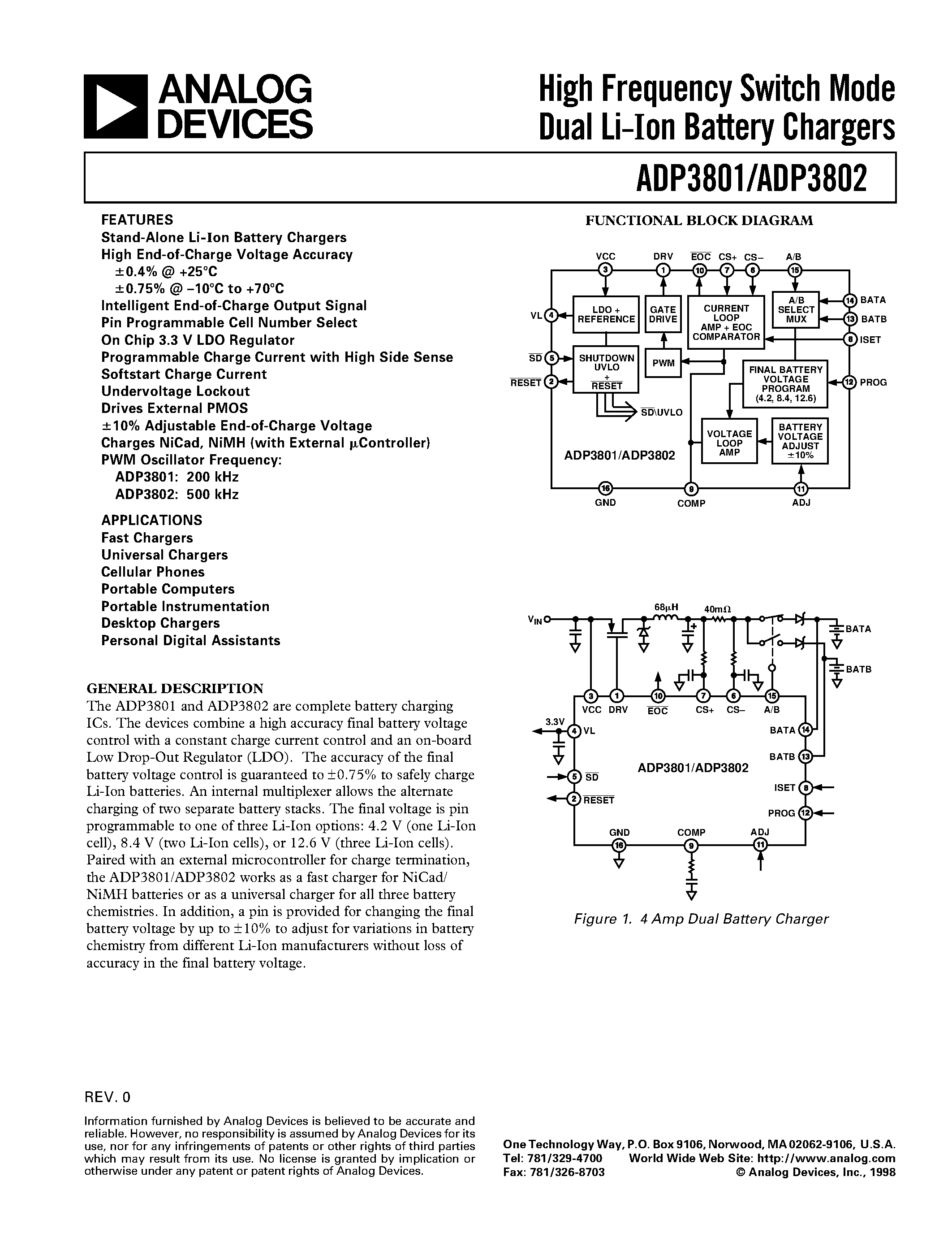 Datasheet ADP3801 - High Frequency Switch Mode Dual Li-Ion Battery Chargers page 1