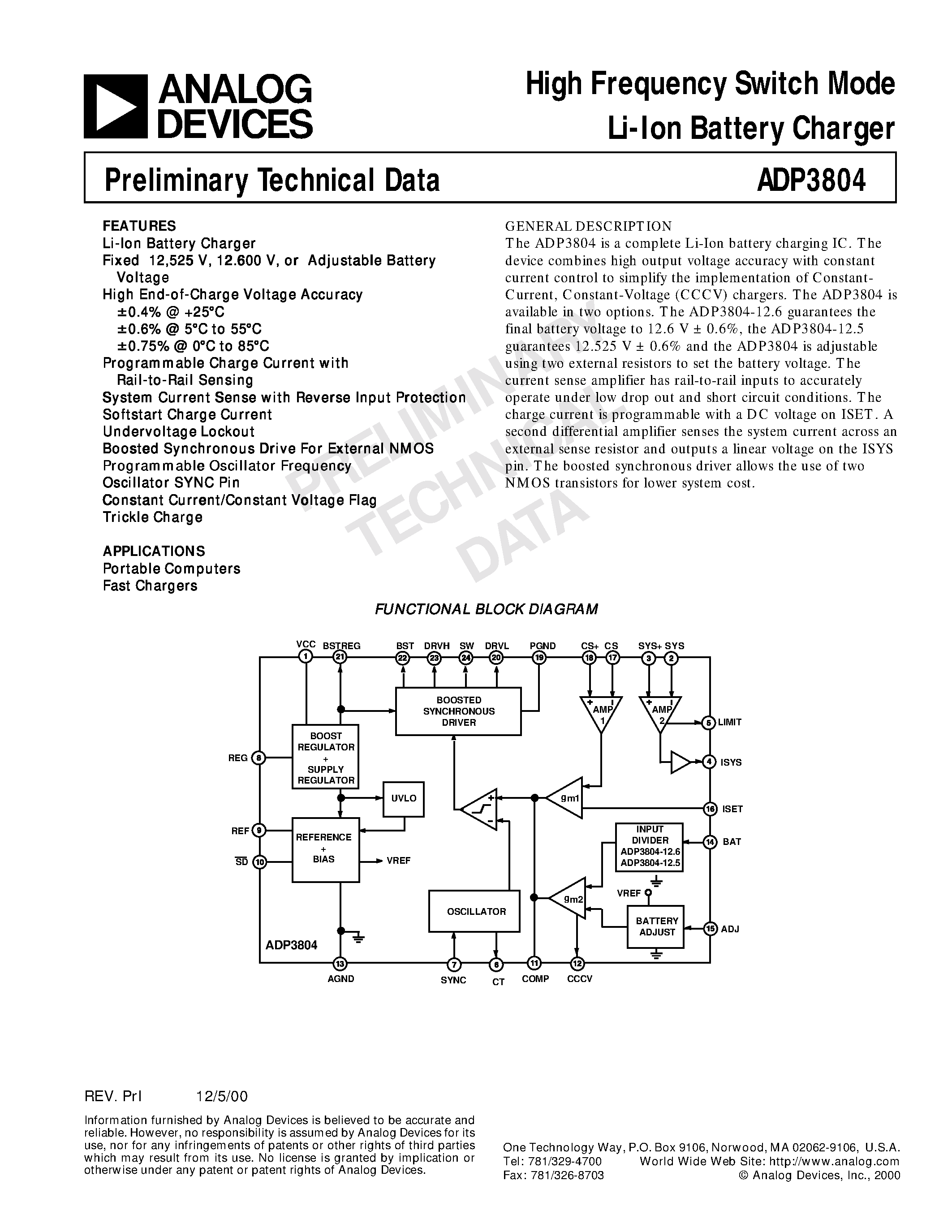 Datasheet ADP3804 - High Frequency Switch Mode Li-Ion Battery Charger page 1