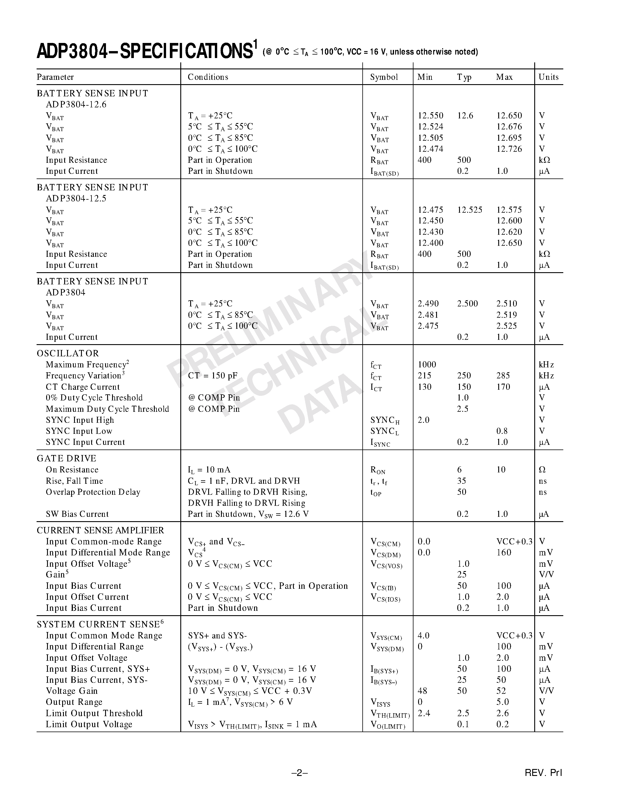 Datasheet ADP3804 - High Frequency Switch Mode Li-Ion Battery Charger page 2