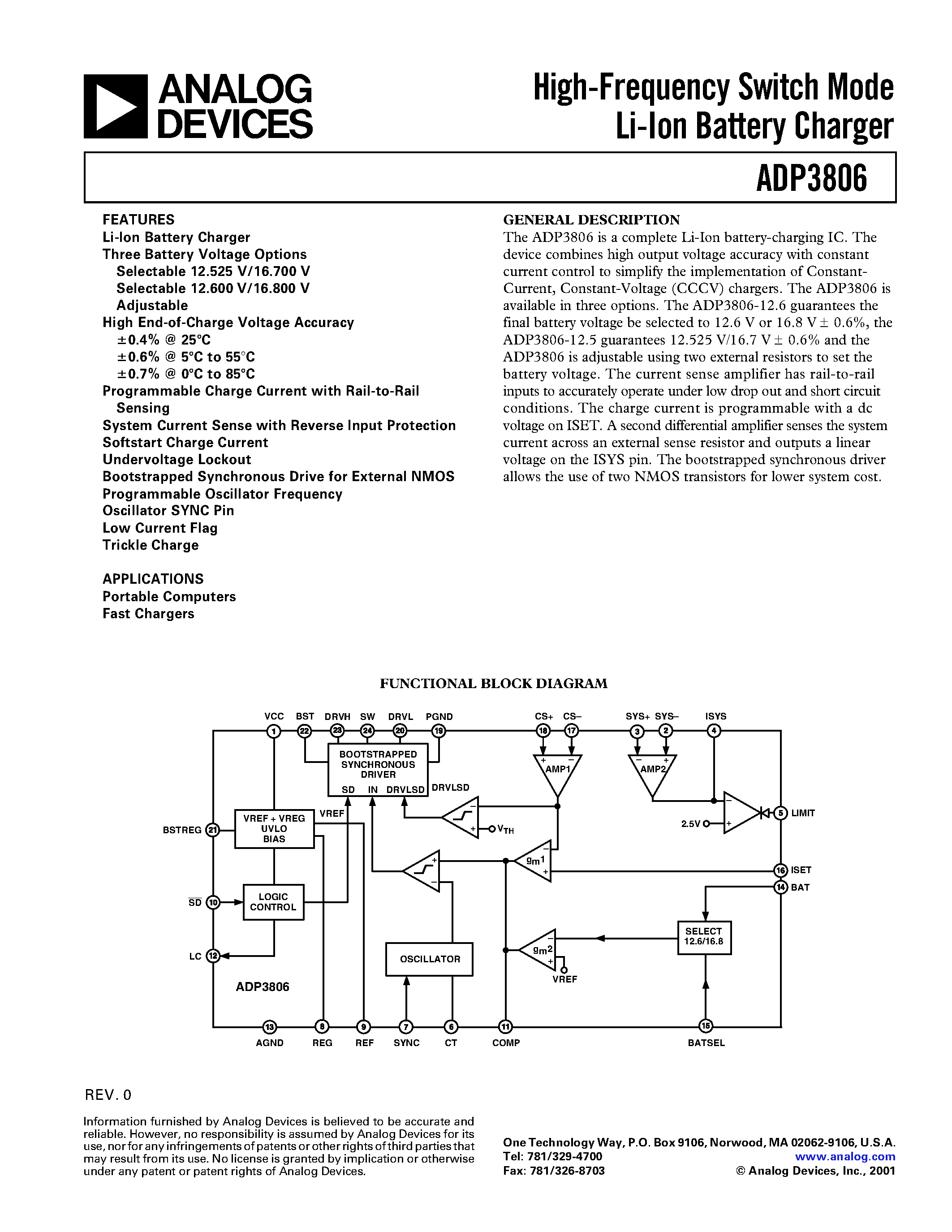 Datasheet ADP3806 - High-Frequency Switch Mode Li-Ion Battery Charger page 1