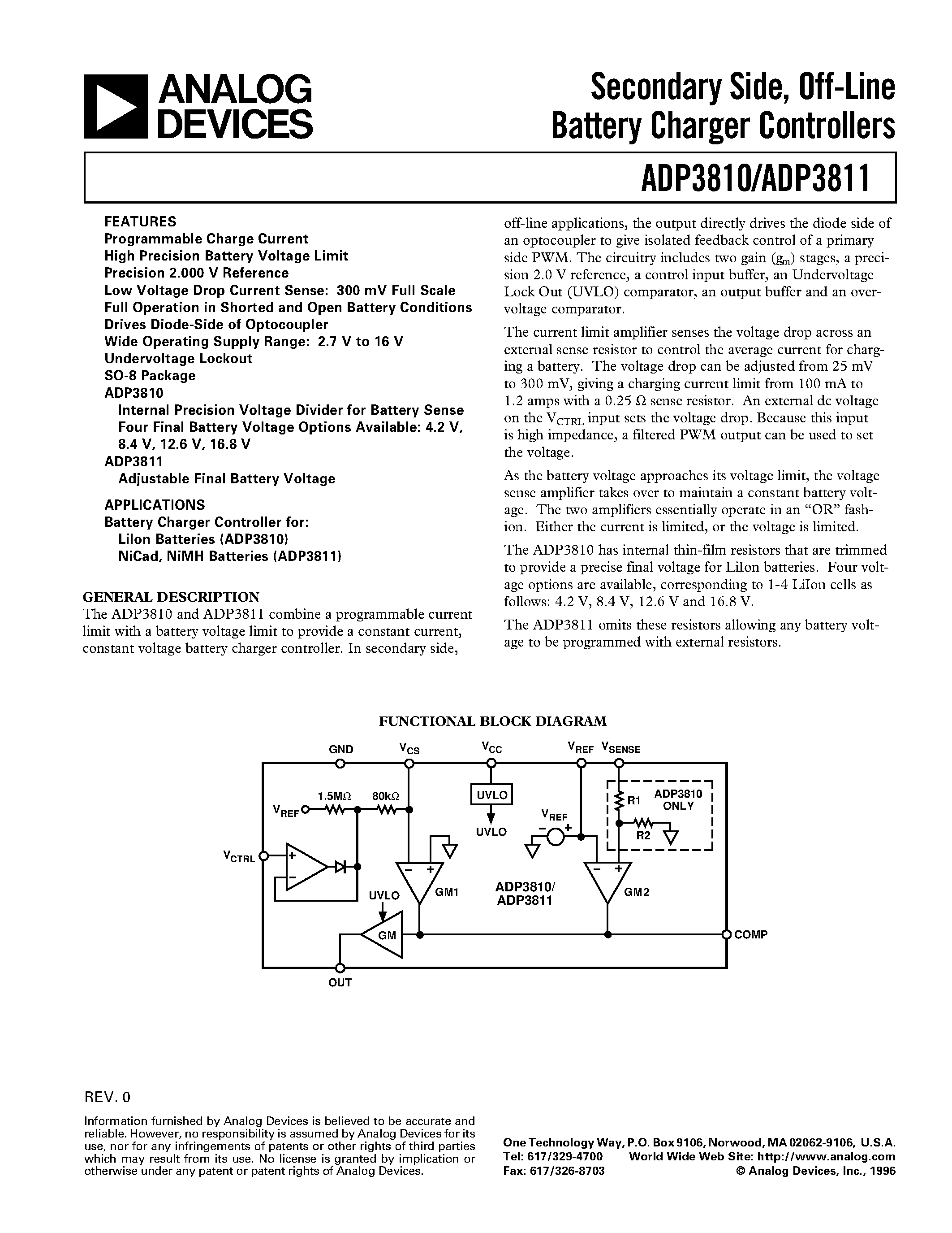 Datasheet ADP3810 - Secondary Side/ Off-Line Battery Charger Controllers page 1